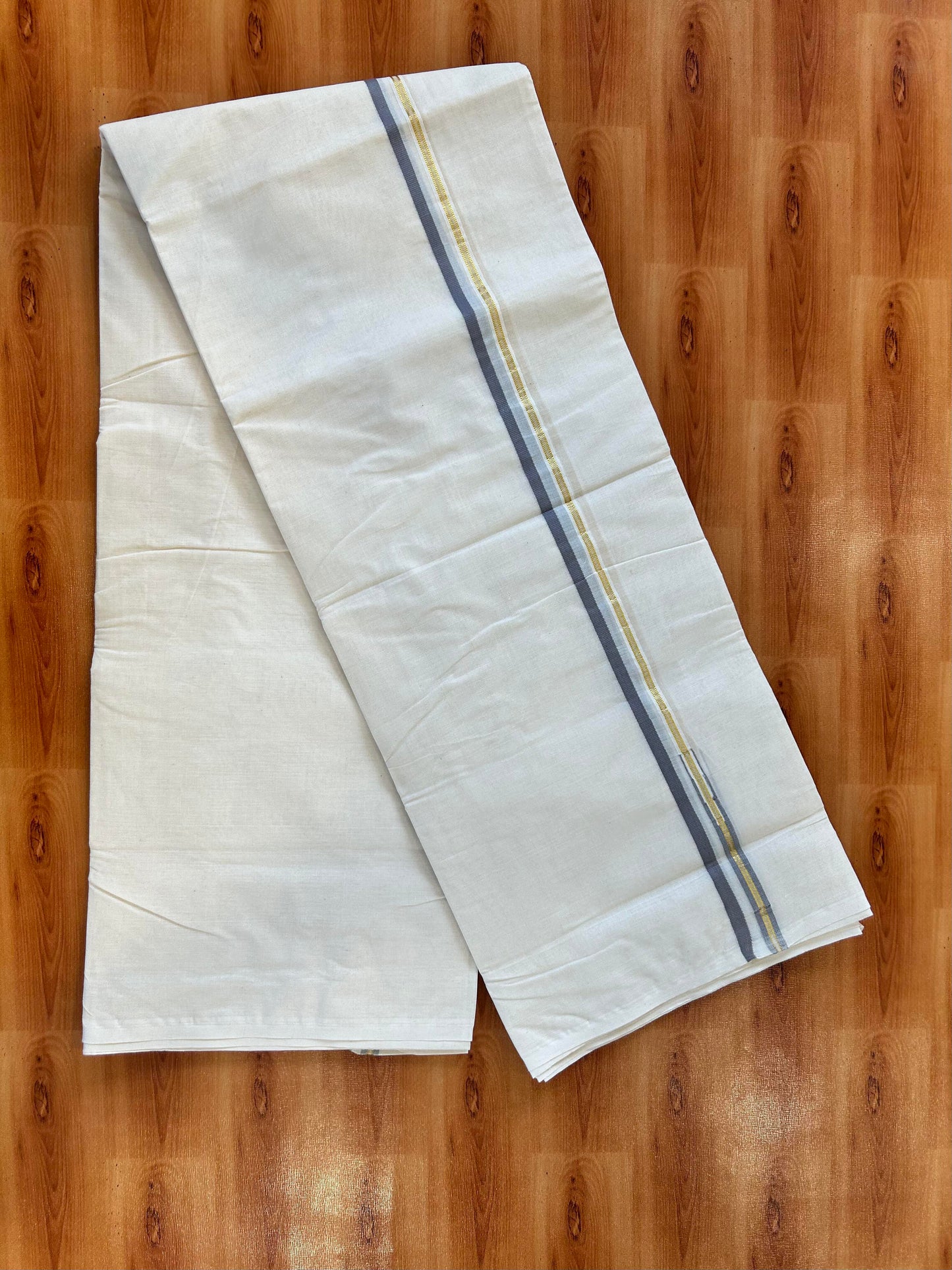 Double Off white Mundu/Dhoti - 20% Discount! KaithariKada 100% Cotton - 100x100 - 1 cm Puliyilakkara Gold Kasav & Ash Grey Chutty Kara 4 mtr (8.5 muzham) - 4 KK5450 ASH