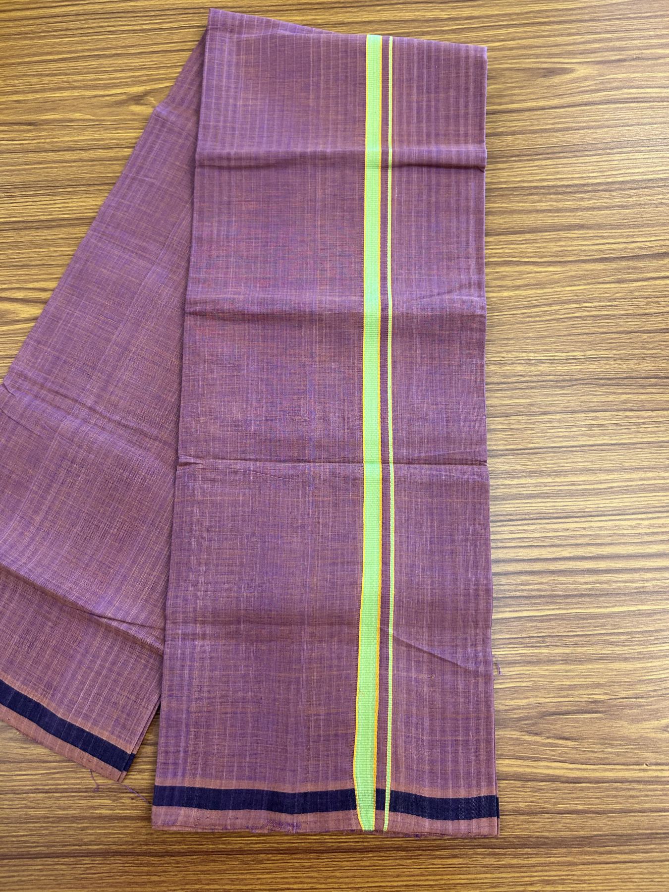 Kerala Handloom Single Hallmarked - 10% Discount !! KaithariKada 100% Pure Cotton - Mundu/Dhoti Purple Brown Body - 1.5 cm Green & Yellow Stripes Kara - (2 meter / 4 muzham) - 44 KK8048 ELA