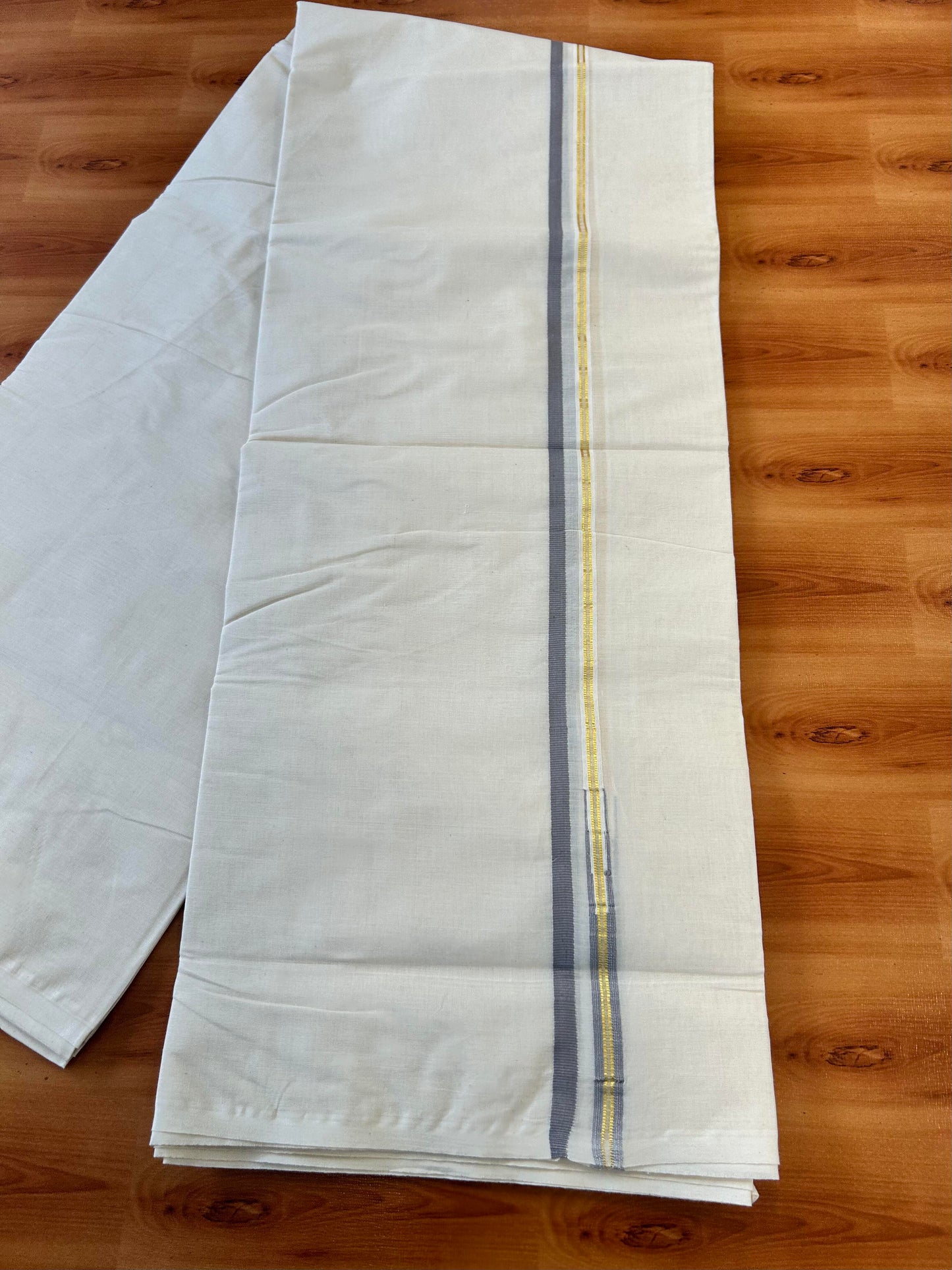 Double Off white Mundu/Dhoti - 20% Discount! KaithariKada 100% Cotton - 100x100 - 1 cm Puliyilakkara Gold Kasav & Ash Grey Chutty Kara 4 mtr (8.5 muzham) - 4 KK5450 ASH