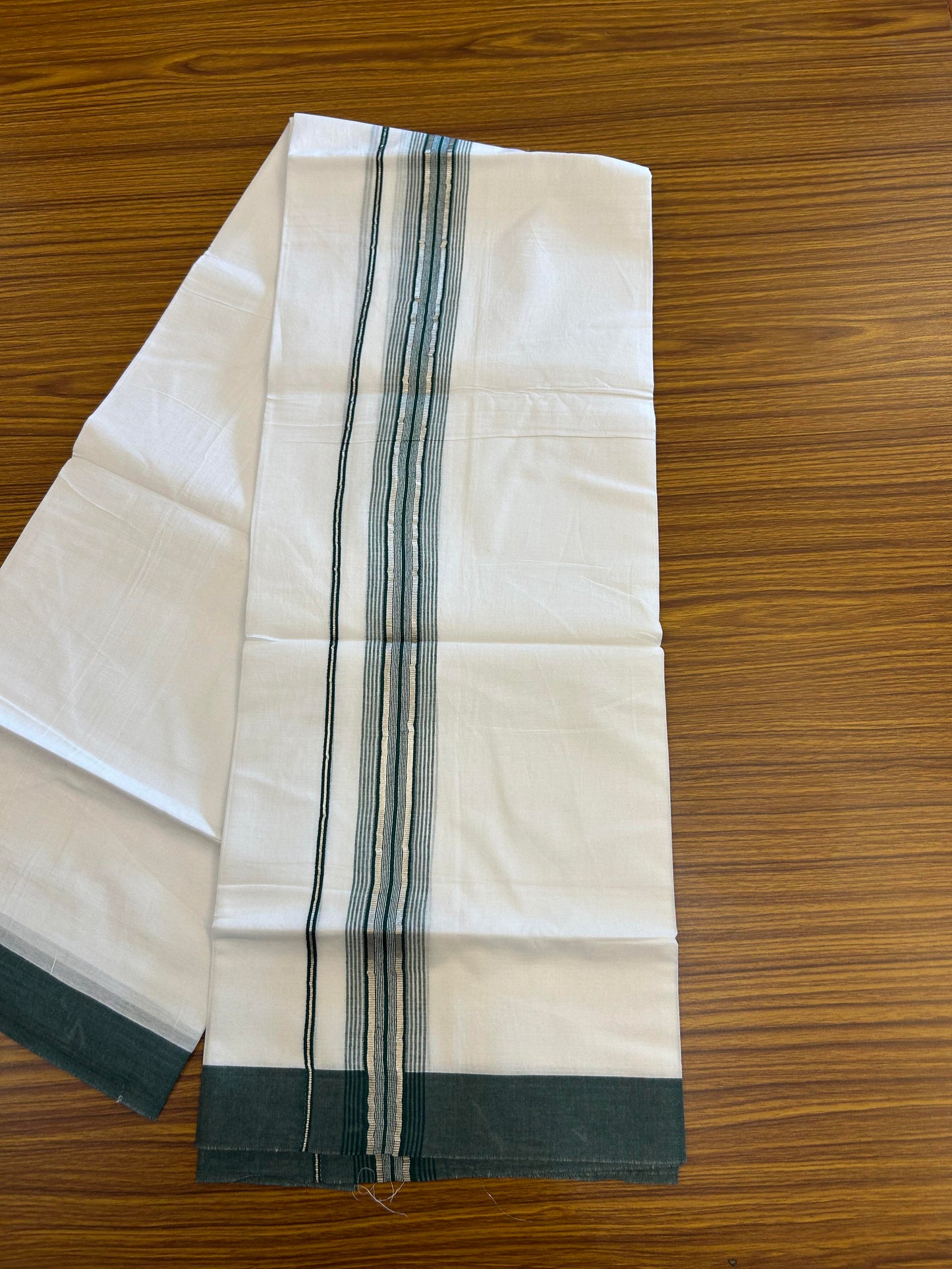 20% Discount ! KaithariKada Balaramapuram 100% Cotton Double Pure White Mundu/Dhoti - 100X80 - 2.25 inch Silver Kasav & Bottle Green Stripes kara 3.90 mtr (8 muzham) - 7 KK5361 PMC