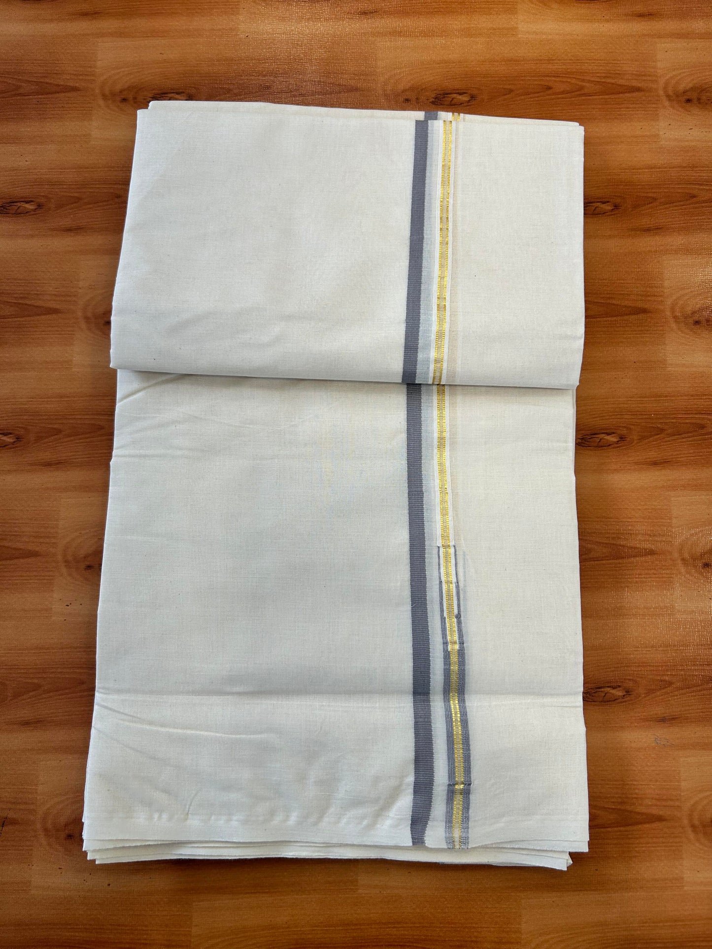 Double Off white Mundu/Dhoti - 20% Discount! KaithariKada 100% Cotton - 100x100 - 1 cm Puliyilakkara Gold Kasav & Ash Grey Chutty Kara 4 mtr (8.5 muzham) - 4 KK5450 ASH