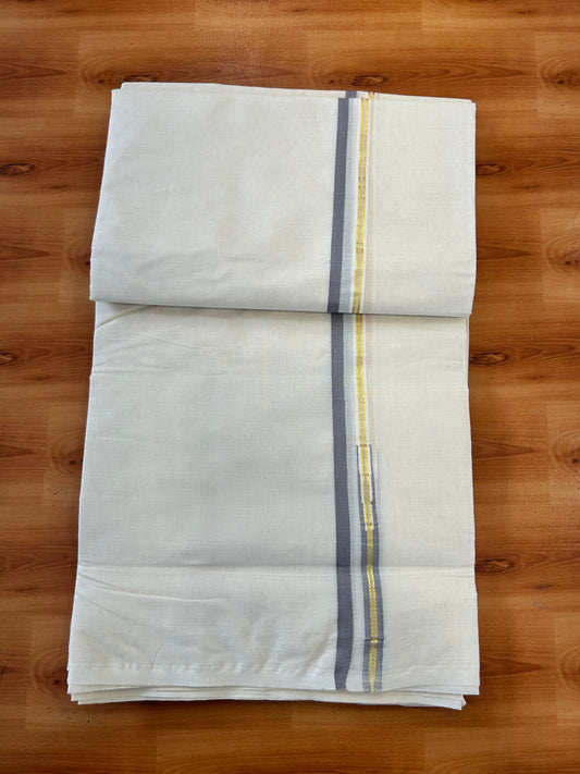 Double Off white Mundu/Dhoti - 20% Discount! KaithariKada 100% Cotton - 100x100 - 1 cm Puliyilakkara Gold Kasav & Ash Grey Chutty Kara 4 mtr (8.5 muzham) - 4 KK5450 ASH