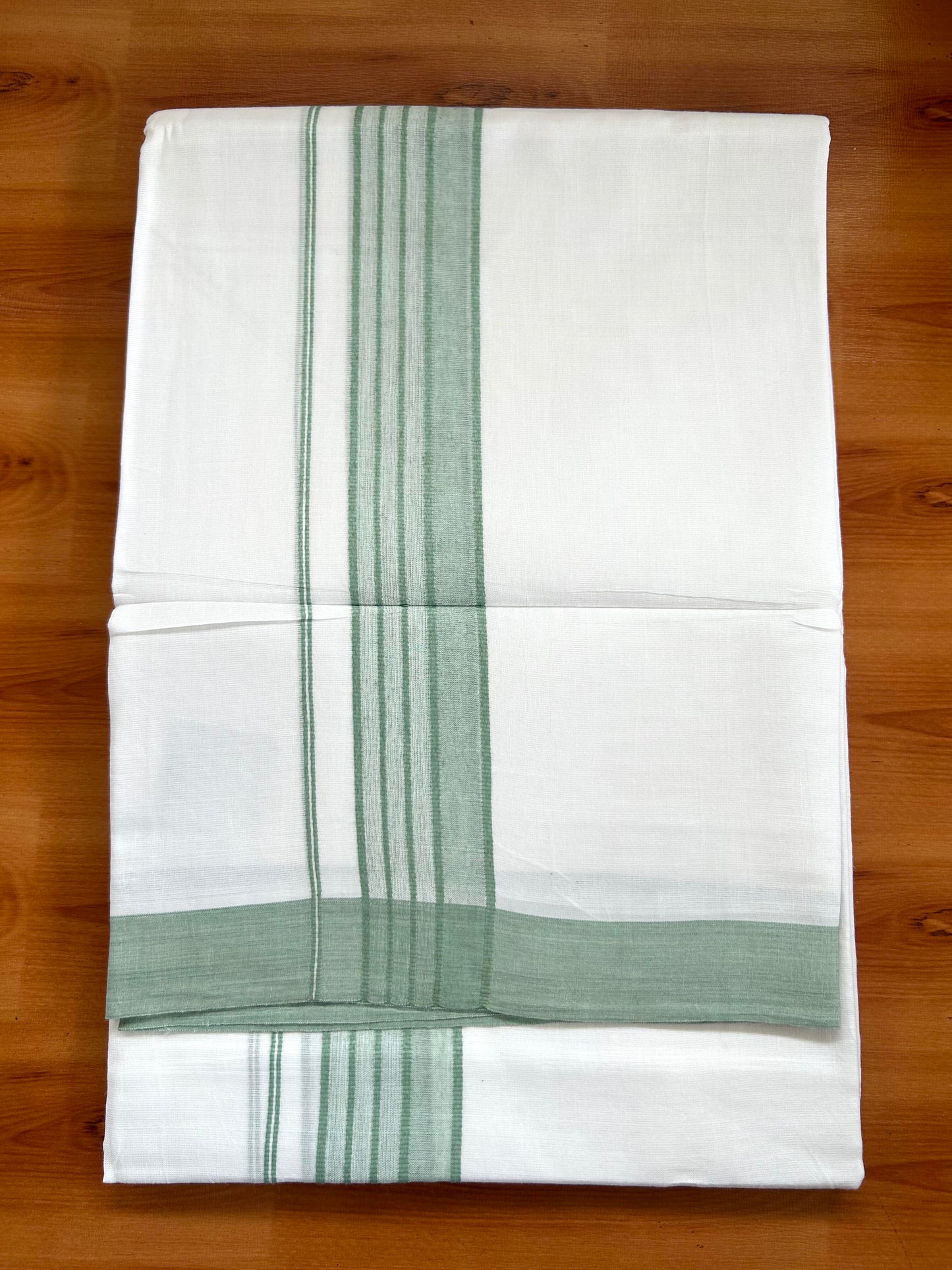 Double Pure White Mundu/Dhoti -20% Discount ! KaithariKada Balaramapuram 100% Cotton - 60s - 1.75 Inch Pastel Green Shaded Striped Kara - 3.80mtr ( 8 muzham) - 51 KK5398 PMC