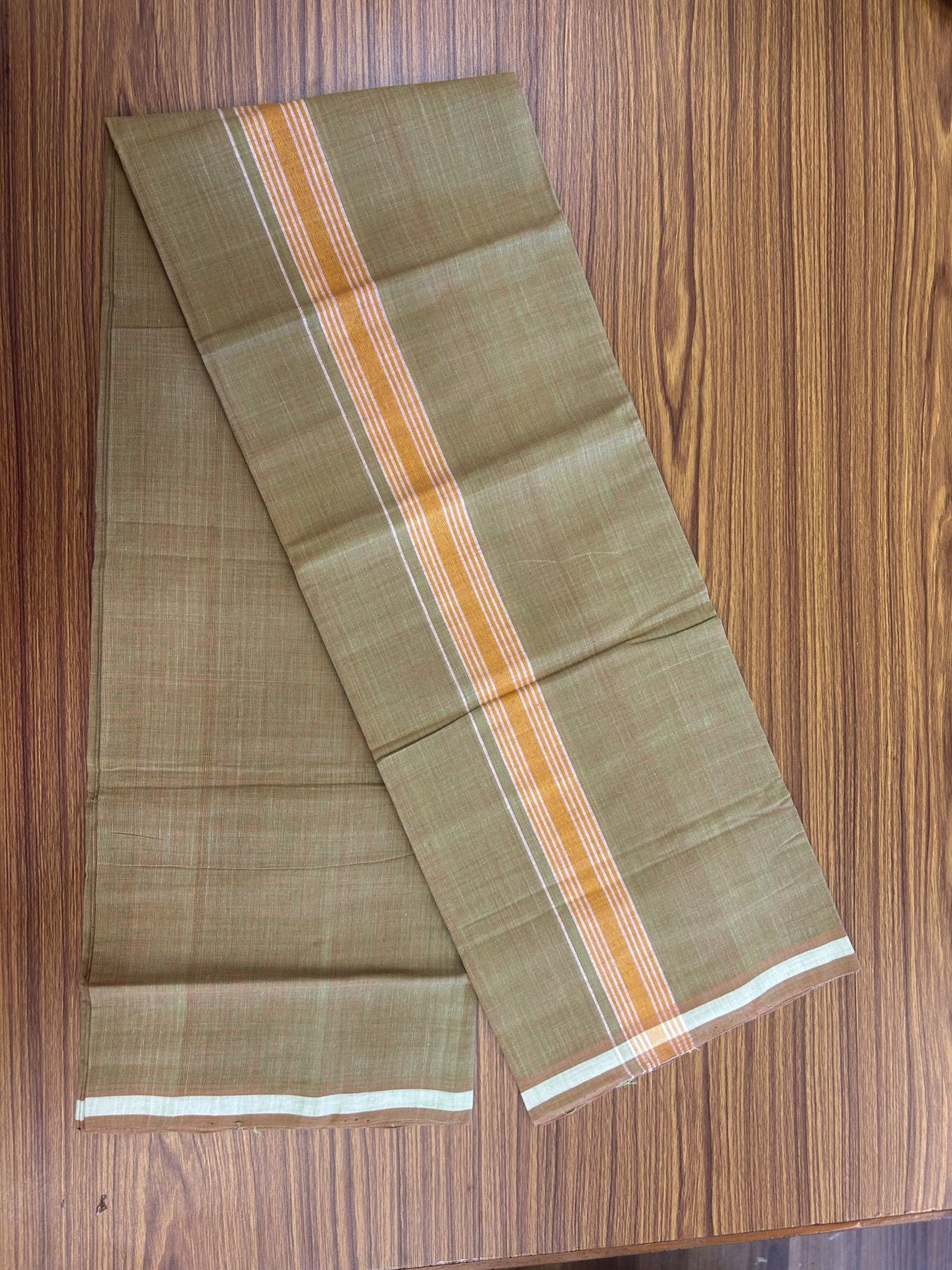 Kerala Handloom Single Hallmarked - 10% Discount !! KaithariKada 100% Pure Cotton - Mundu/Dhoti Orange & Parrot Green Body - 1.5 inch Orange & White Stripes Kara - (2 meter / 4 muzham) - 31 KK8048 ELA