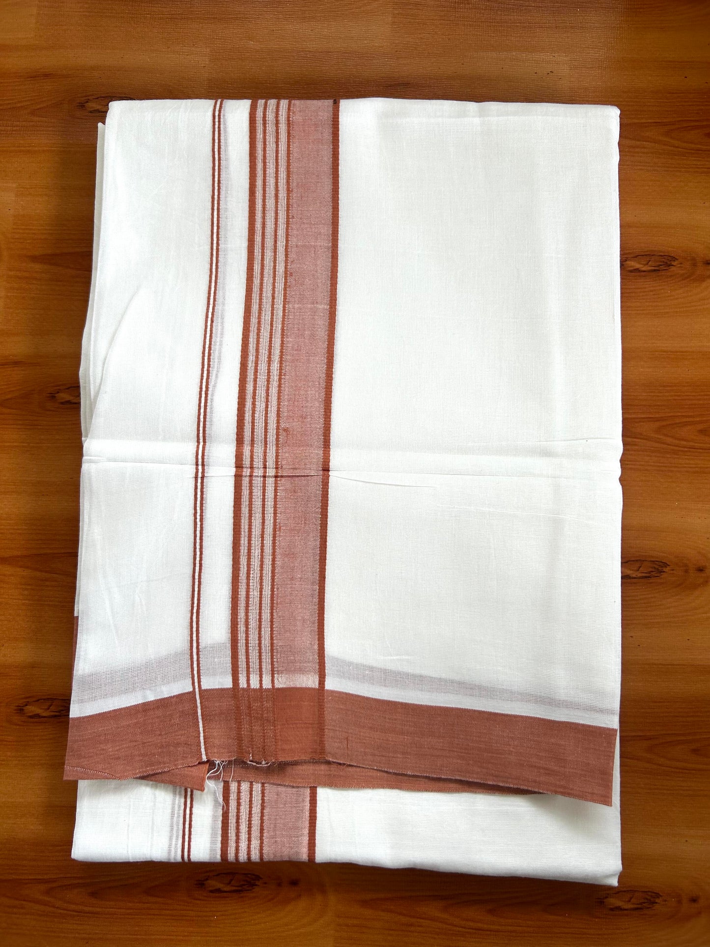 Double Pure White Mundu/Dhoti -20% Discount ! KaithariKada Balaramapuram 100% Cotton - 60s - 1.75 Inch Brownish Orange Shaded Striped Kara - 3.80mtr ( 8 muzham) - 56 KK5398 PMC