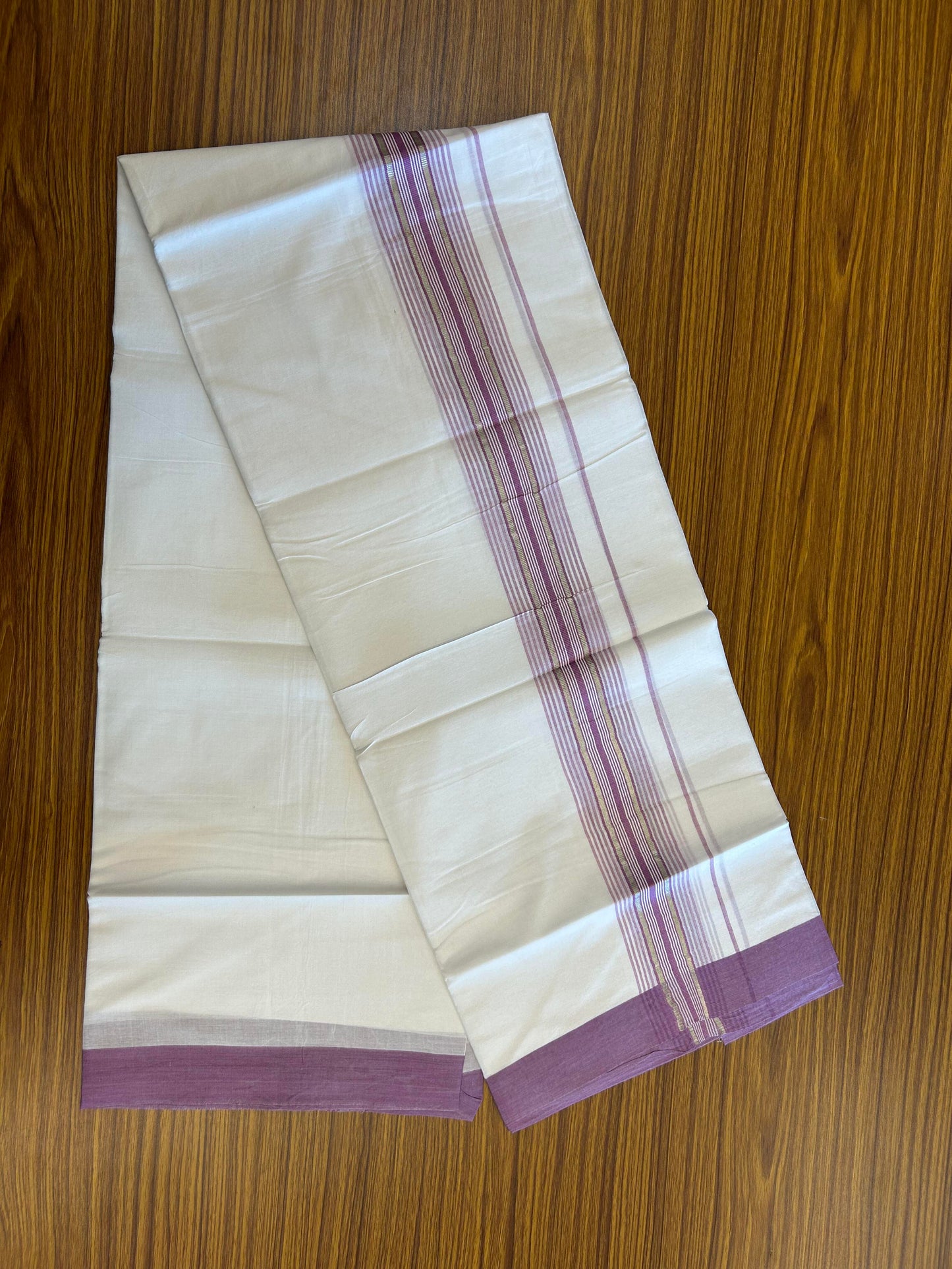 20% Discount ! KaithariKada Balaramapuram 100% Cotton Double Pure White Mundu/Dhoti - 100X80 - 2.25 inch Silver Kasav & Pearly Purple Stripes kara 3.90 mtr (8 muzham) - 4 KK5361 PMC