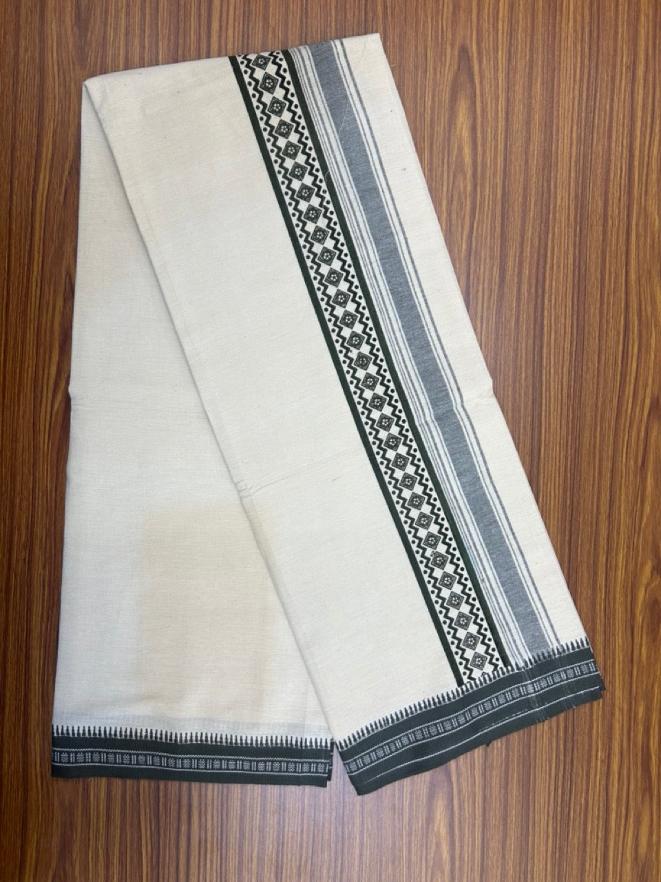 12% Discount !! Kaitharikada Pure Cotton Single OFF WHITE - (Unbleached) Kaily / Lungi - 3.25 inch Sage Green Striped Printed kara Kuppadam Border with OFF WHITE colour body (2 meter / 4 muzham)- 25KK8019AS