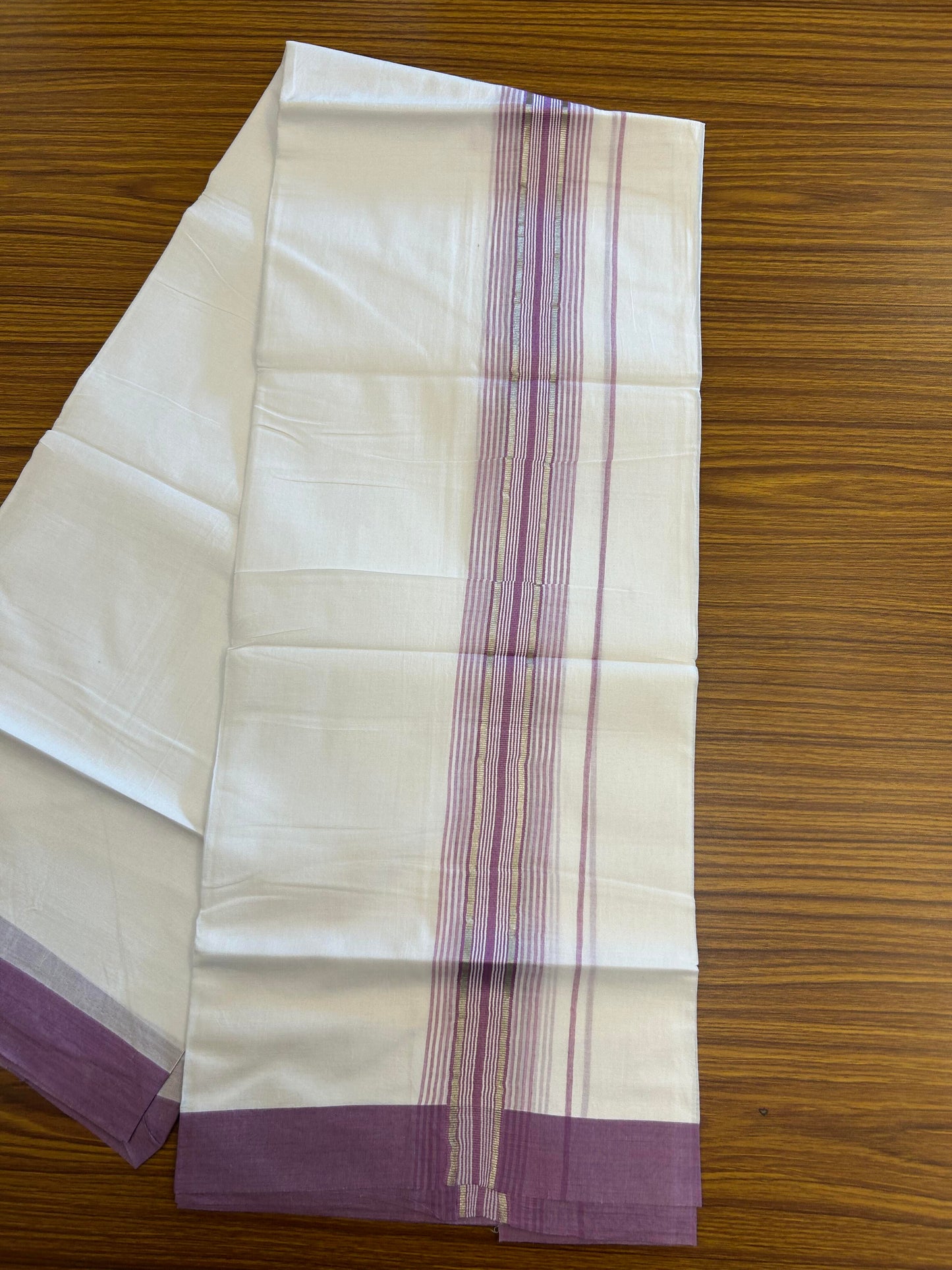 20% Discount ! KaithariKada Balaramapuram 100% Cotton Double Pure White Mundu/Dhoti - 100X80 - 2.25 inch Silver Kasav & Pearly Purple Stripes kara 3.90 mtr (8 muzham) - 4 KK5361 PMC