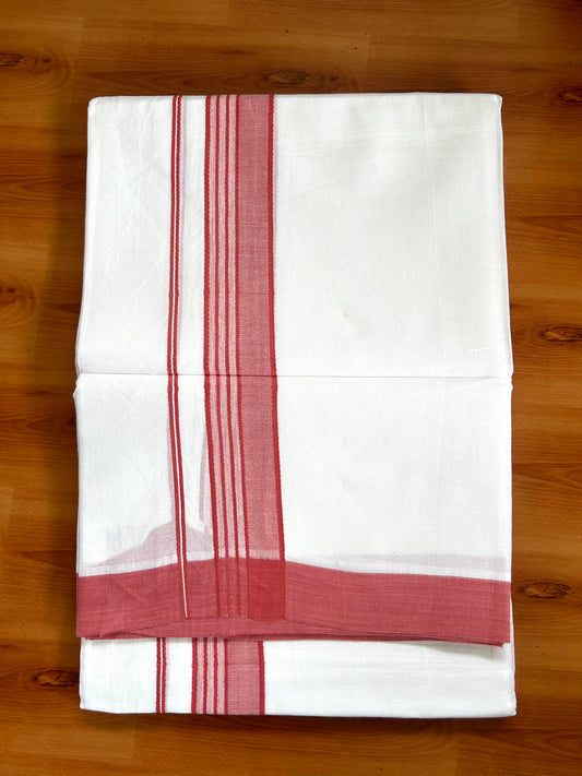 Double Pure White Mundu/Dhoti -20% Discount ! KaithariKada Balaramapuram 100% Cotton - 60s - 1.75 Inch Reddish Peach Shaded Striped Kara - 3.80mtr ( 8 muzham) - 54 KK5398 PMC