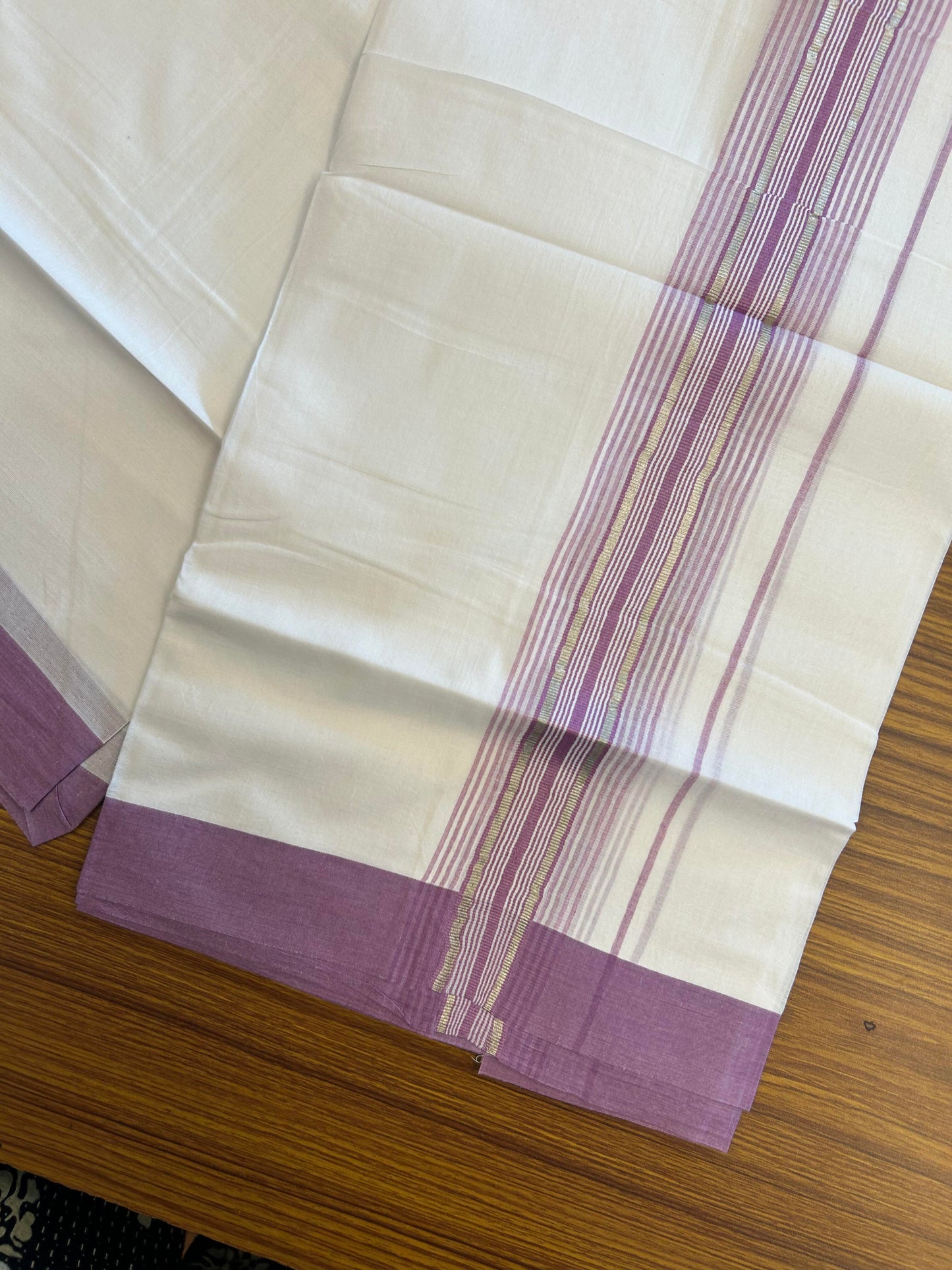 20% Discount ! KaithariKada Balaramapuram 100% Cotton Double Pure White Mundu/Dhoti - 100X80 - 2.25 inch Silver Kasav & Pearly Purple Stripes kara 3.90 mtr (8 muzham) - 4 KK5361 PMC