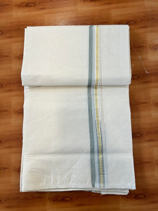 Double Off white Mundu/Dhoti - 20% Discount! KaithariKada 100% Cotton - 100x100 - 1 cm Puliyilakkara Gold Kasav & Pista Green Chutty Kara 4 mtr (8.5 muzham) - 5 KK5450 ASH