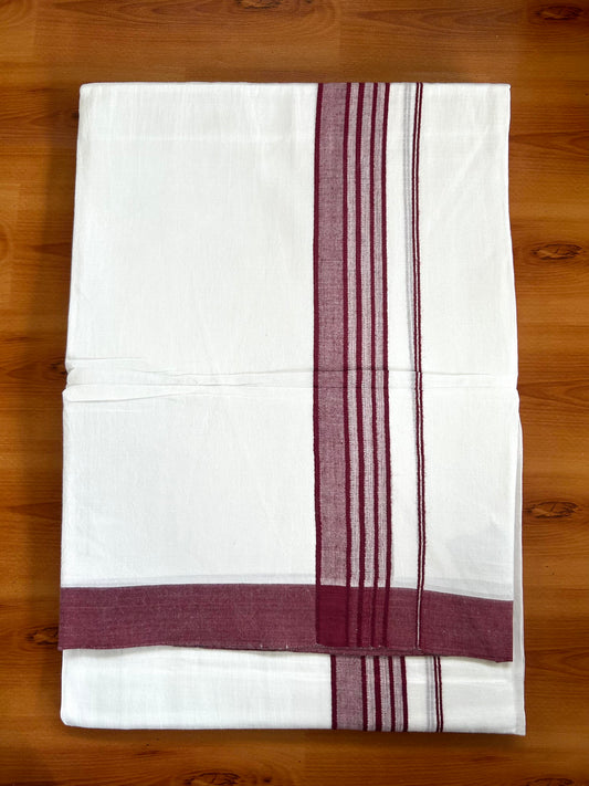Double Pure White Mundu/Dhoti -20% Discount ! KaithariKada Balaramapuram 100% Cotton - 60s - 1.75 Inch Maroon Shaded Striped Kara - 3.80mtr ( 8 muzham) - 57 KK5398 PMC