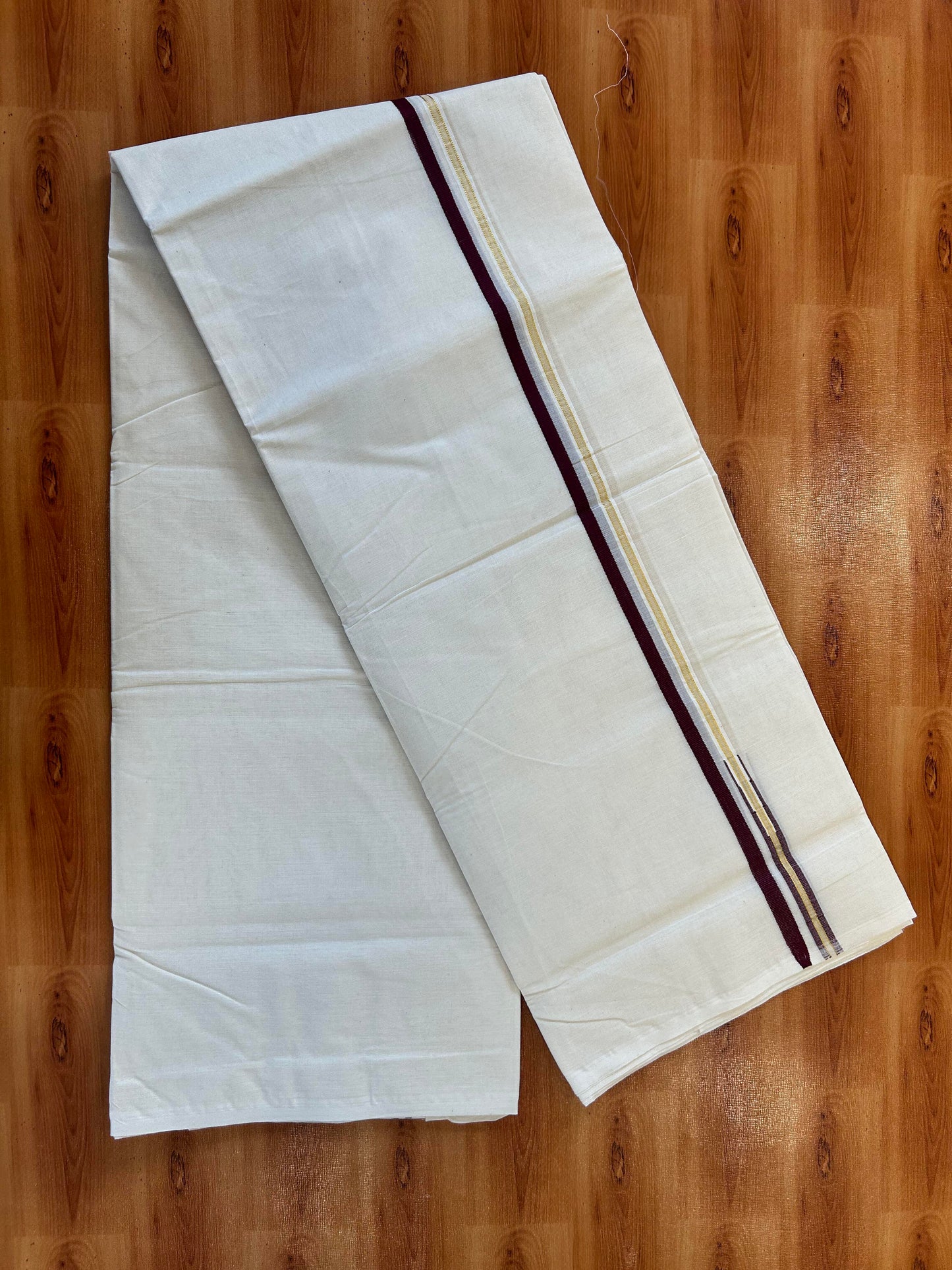 Double Off white Mundu/Dhoti - 20% Discount! KaithariKada 100% Cotton - 100x100 - 1 cm Puliyilakkara Gold Kasav & Maroon Chutty Kara 4 mtr (8.5 muzham) - 6 KK5450 ASH