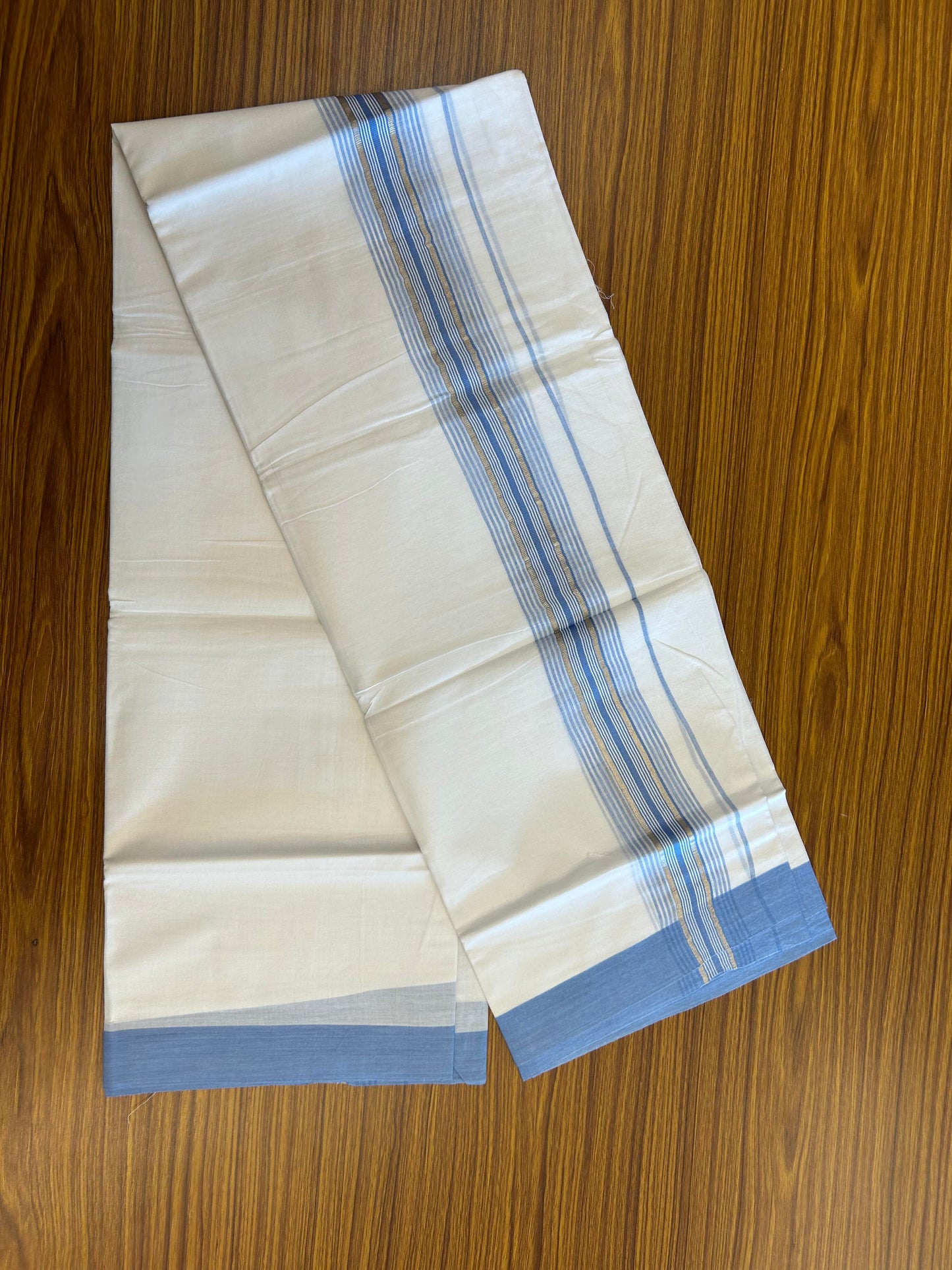 20% Discount ! KaithariKada Balaramapuram 100% Cotton Double Pure White Mundu/Dhoti - 100X80 - 2.25 inch Silver Kasav & Sky Blue Stripes kara 3.90 mtr (8 muzham) - 8 KK5361 PMC