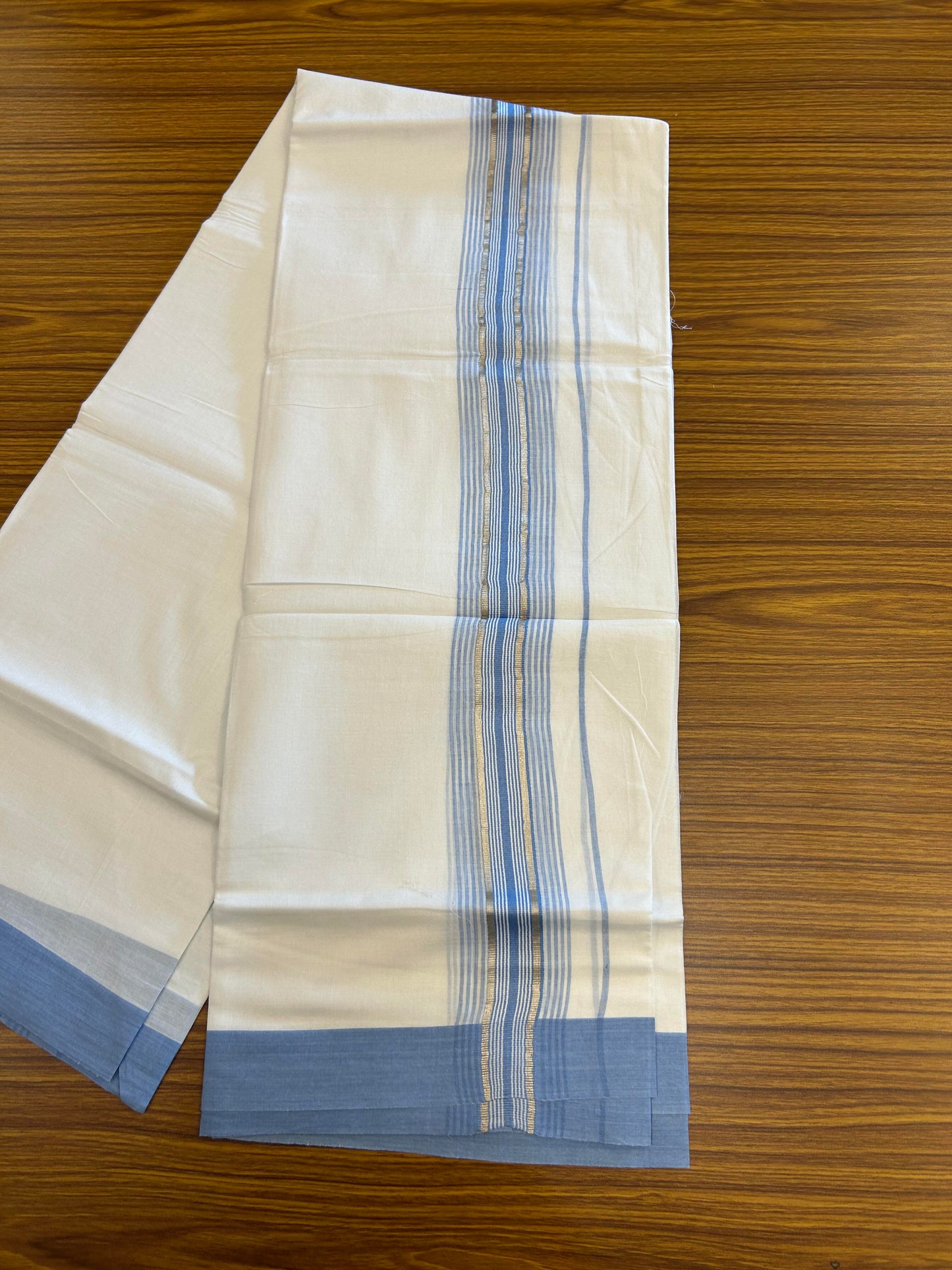 20% Discount ! KaithariKada Balaramapuram 100% Cotton Double Pure White Mundu/Dhoti - 100X80 - 2.25 inch Silver Kasav & Sky Blue Stripes kara 3.90 mtr (8 muzham) - 8 KK5361 PMC