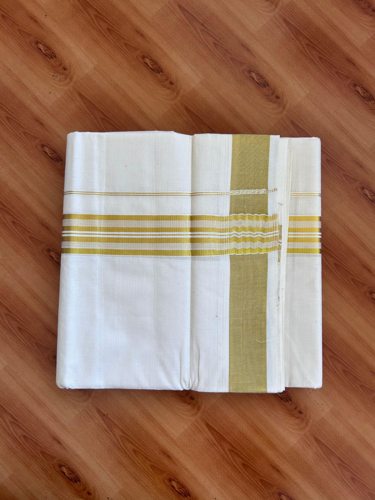 Off White (Unbleached) Double Mundu/Dhoti - 20% Discount ! KaithariKada - Mixed cotton - 80x72 - 1.5 inch Gold Kasav Striped Kara 4 mtr (8.5 muzham) - 3 KK5514 VIN
