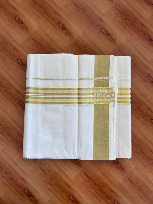 Off White (Unbleached) Double Mundu/Dhoti - 20% Discount ! KaithariKada - Mixed cotton - 80x72 - 1.5 inch Gold Kasav Striped Kara 4 mtr (8.5 muzham) - 3 KK5514 VIN