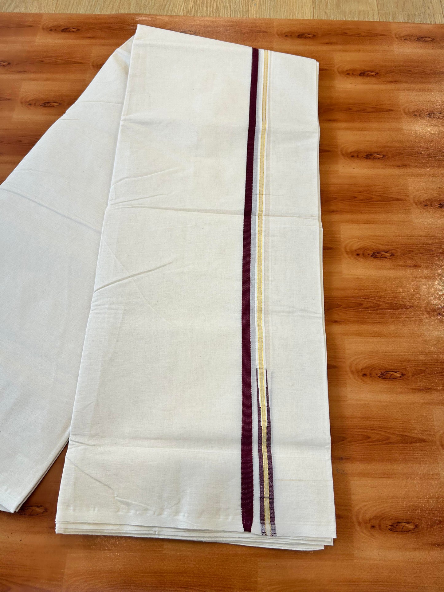 Double Off white Mundu/Dhoti - 20% Discount! KaithariKada 100% Cotton - 100x100 - 1 cm Puliyilakkara Gold Kasav & Maroon Chutty Kara 4 mtr (8.5 muzham) - 6 KK5450 ASH