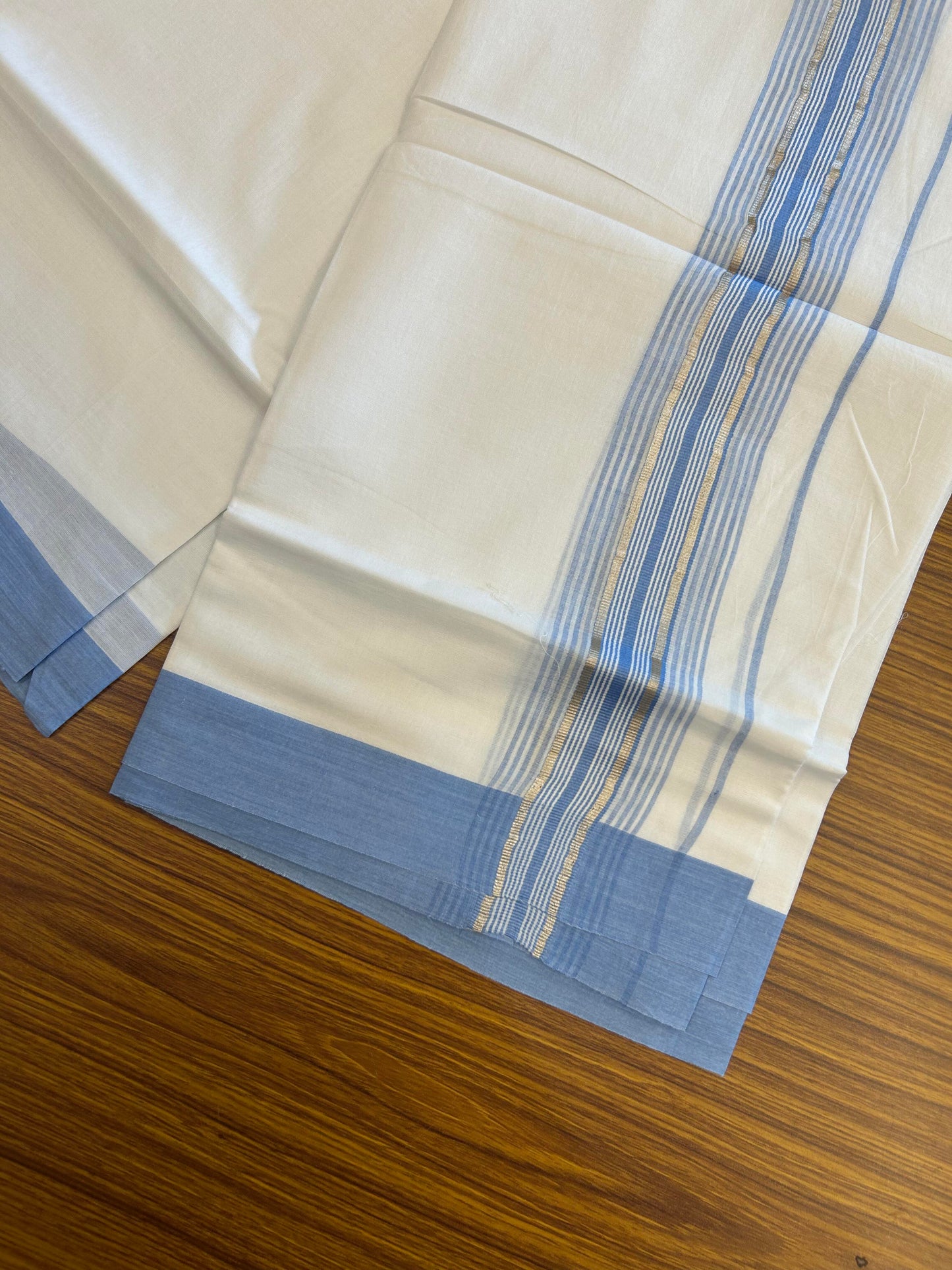 20% Discount ! KaithariKada Balaramapuram 100% Cotton Double Pure White Mundu/Dhoti - 100X80 - 2.25 inch Silver Kasav & Sky Blue Stripes kara 3.90 mtr (8 muzham) - 8 KK5361 PMC