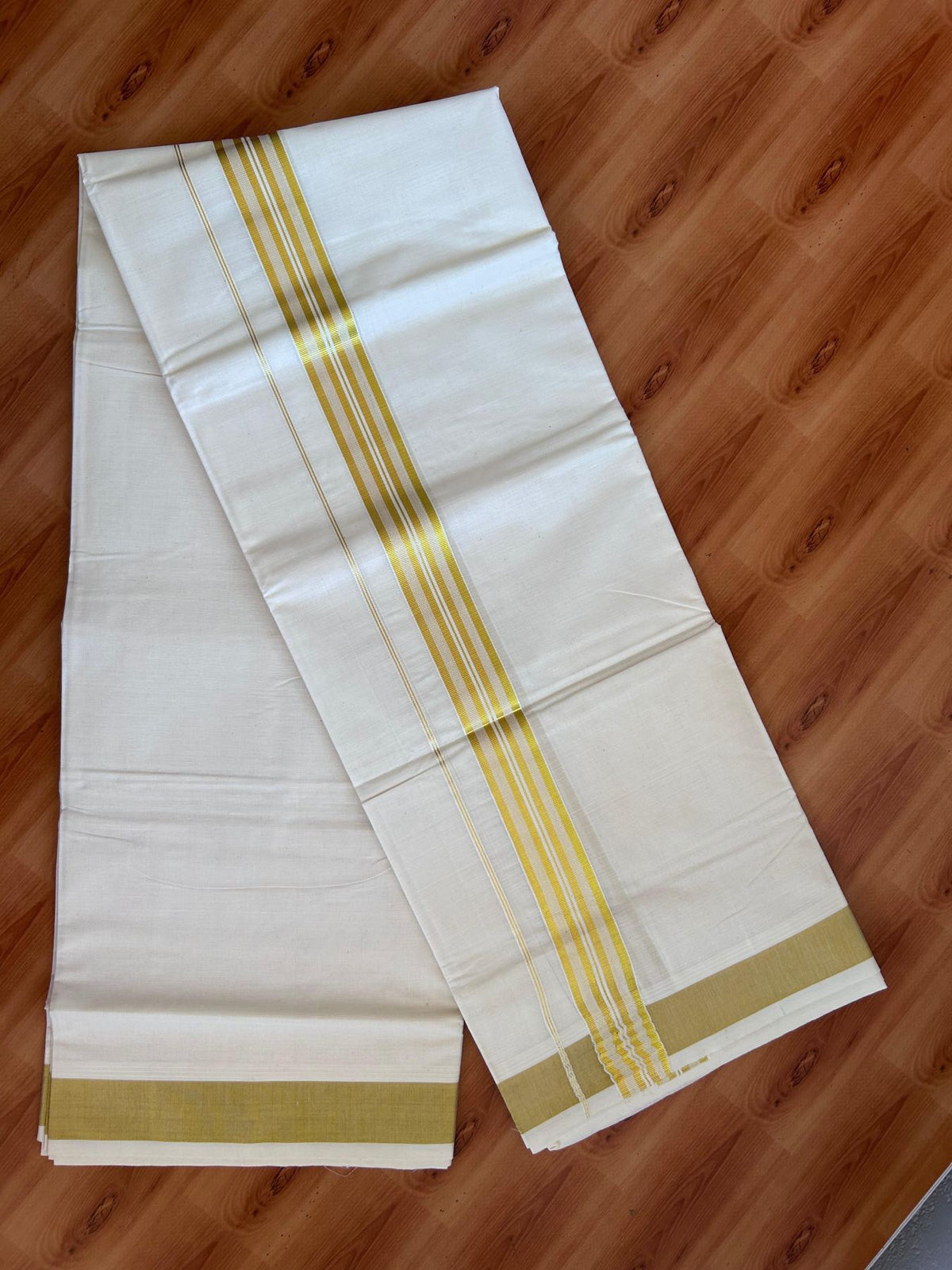 Off White (Unbleached) Double Mundu/Dhoti - 20% Discount ! KaithariKada - Mixed cotton - 80x72 - 1.5 inch Gold Kasav Striped Kara 4 mtr (8.5 muzham) - 3 KK5514 VIN