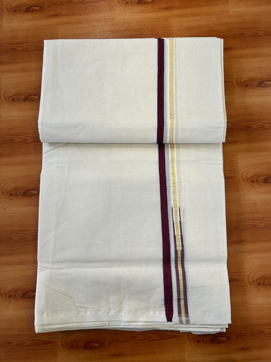Double Off white Mundu/Dhoti - 20% Discount! KaithariKada 100% Cotton - 100x100 - 1 cm Puliyilakkara Gold Kasav & Maroon Chutty Kara 4 mtr (8.5 muzham) - 6 KK5450 ASH
