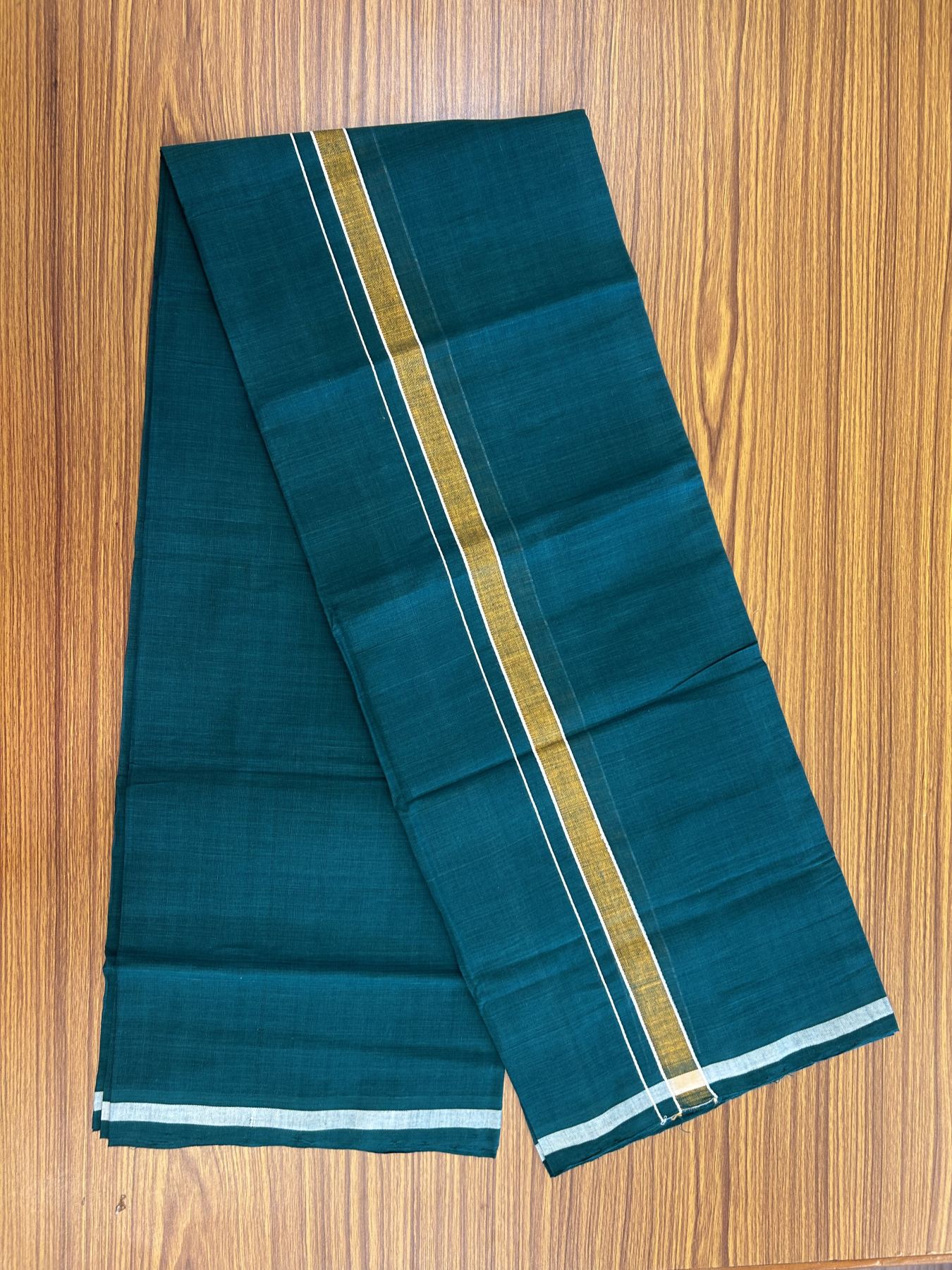 Kerala Handloom Single Hallmarked - 10% Discount !! KaithariKada 100% Pure Cotton - Mundu/Dhoti Pine Green Body - 1 inch Orange & white Stripes Kara - (2 meter / 4 muzham) - 47 KK8048 ELA