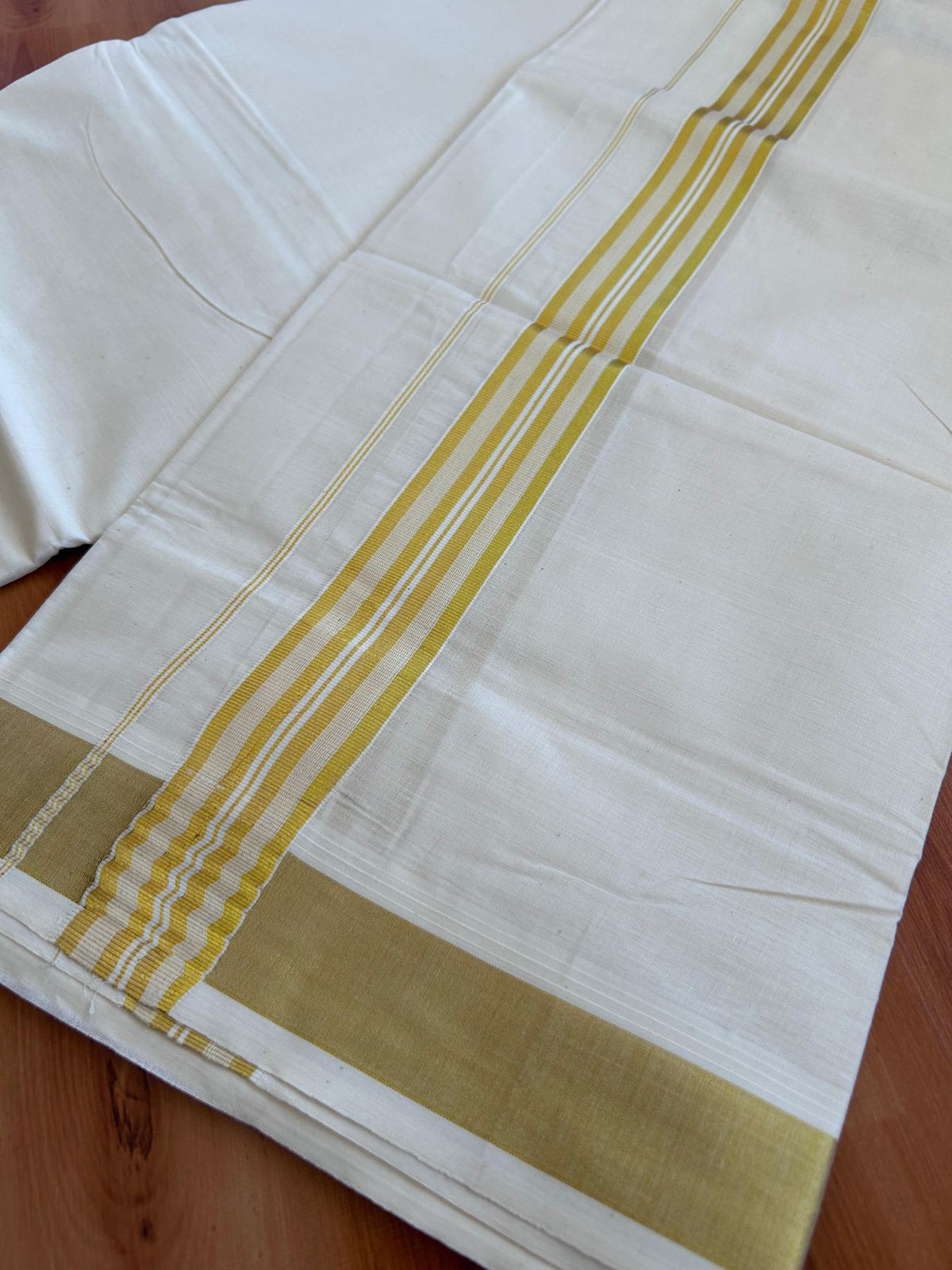 Off White (Unbleached) Double Mundu/Dhoti - 20% Discount ! KaithariKada - Mixed cotton - 80x72 - 1.5 inch Gold Kasav Striped Kara 4 mtr (8.5 muzham) - 3 KK5514 VIN