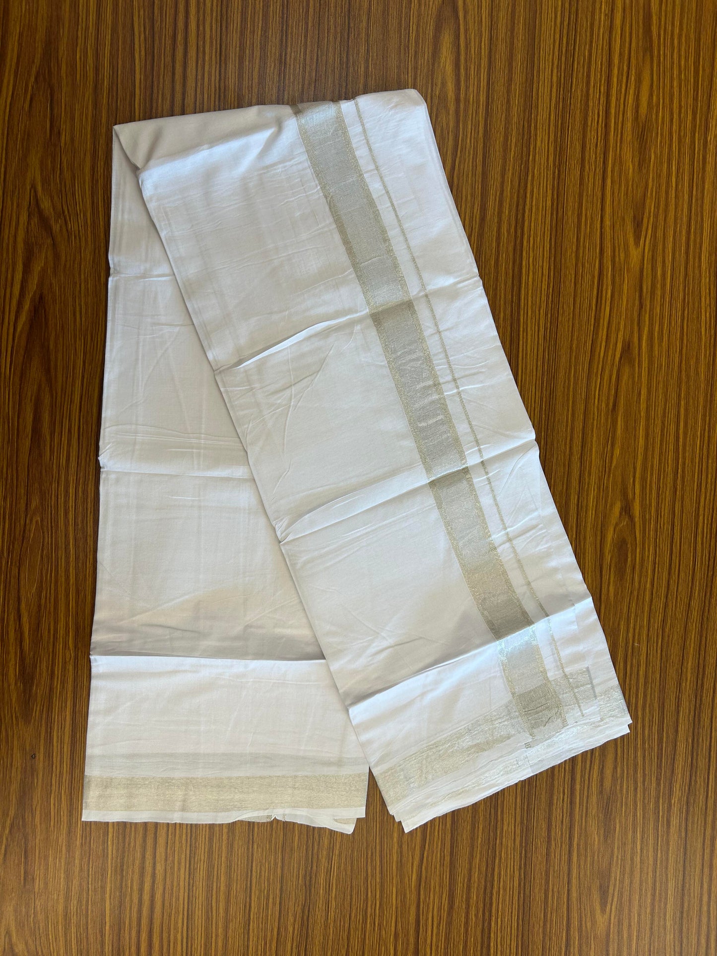 20% Discount! KaithariKada Balaramapuram 100% Cotton Double Pure White Mundu/Dhoti - 100x80 - 1.5 inch Silver Kasavu shaded Kara - 3.90 Mtr (8 Muzham) - 30 KK5361 PMC
