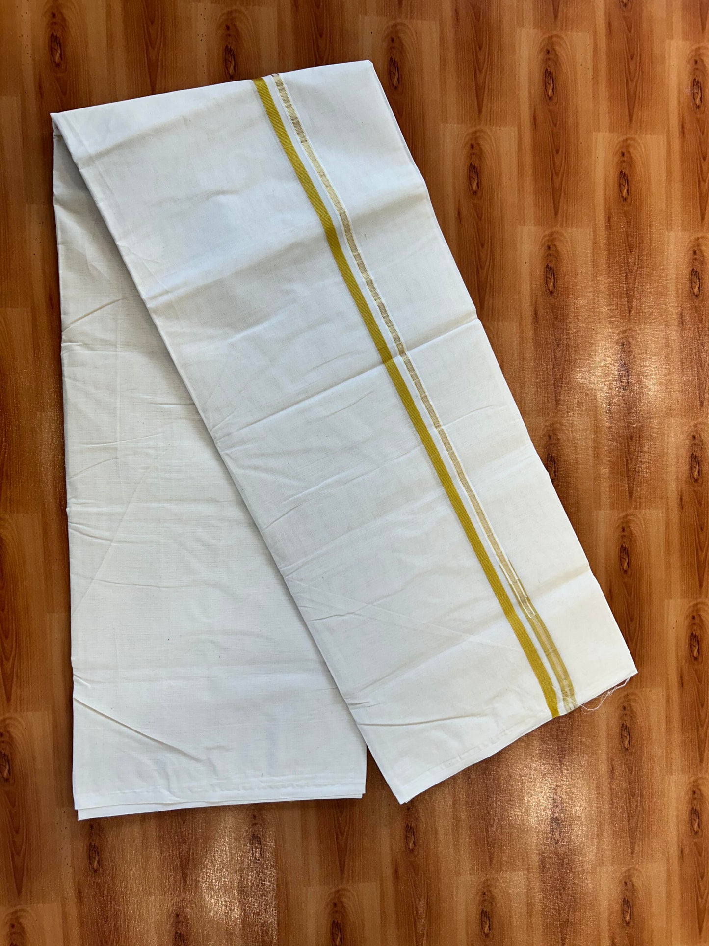 Double Off white Mundu/Dhoti - 20% Discount! KaithariKada 100% Cotton - 100x100 - 1 cm Puliyilakkara Gold Kasav & Mustard Yellow Chutty Kara 4 mtr (8.5 muzham) - 7 KK5450 ASH