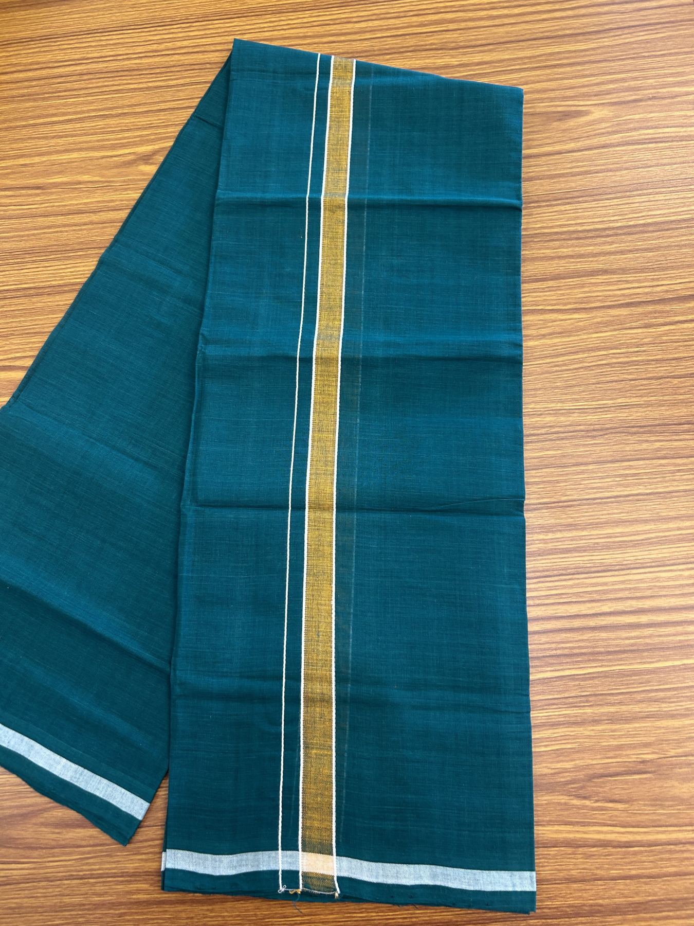 Kerala Handloom Single Hallmarked - 10% Discount !! KaithariKada 100% Pure Cotton - Mundu/Dhoti Pine Green Body - 1 inch Orange & white Stripes Kara - (2 meter / 4 muzham) - 47 KK8048 ELA