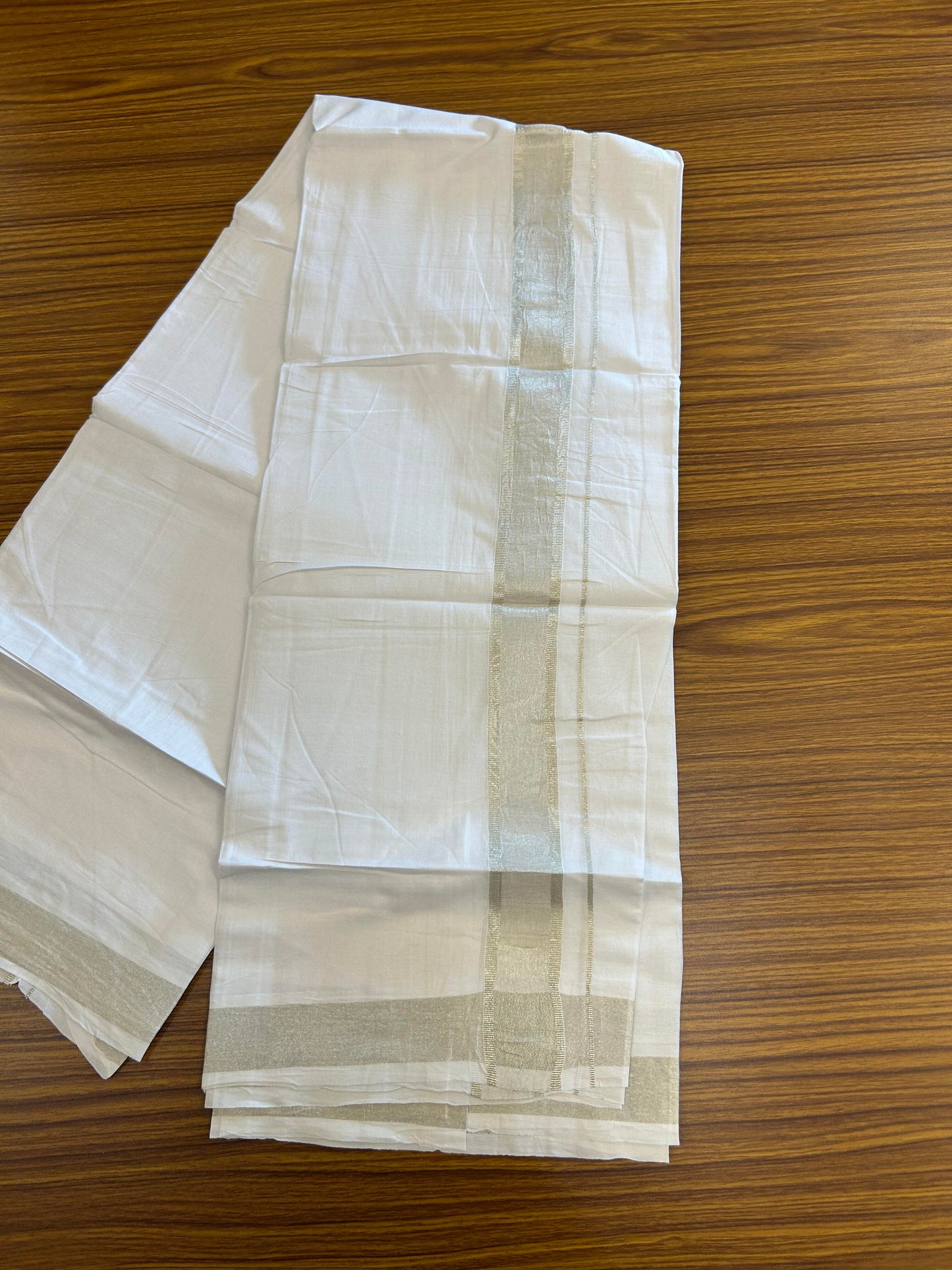 20% Discount! KaithariKada Balaramapuram 100% Cotton Double Pure White Mundu/Dhoti - 100x80 - 1.5 inch Silver Kasavu shaded Kara - 3.90 Mtr (8 Muzham) - 30 KK5361 PMC