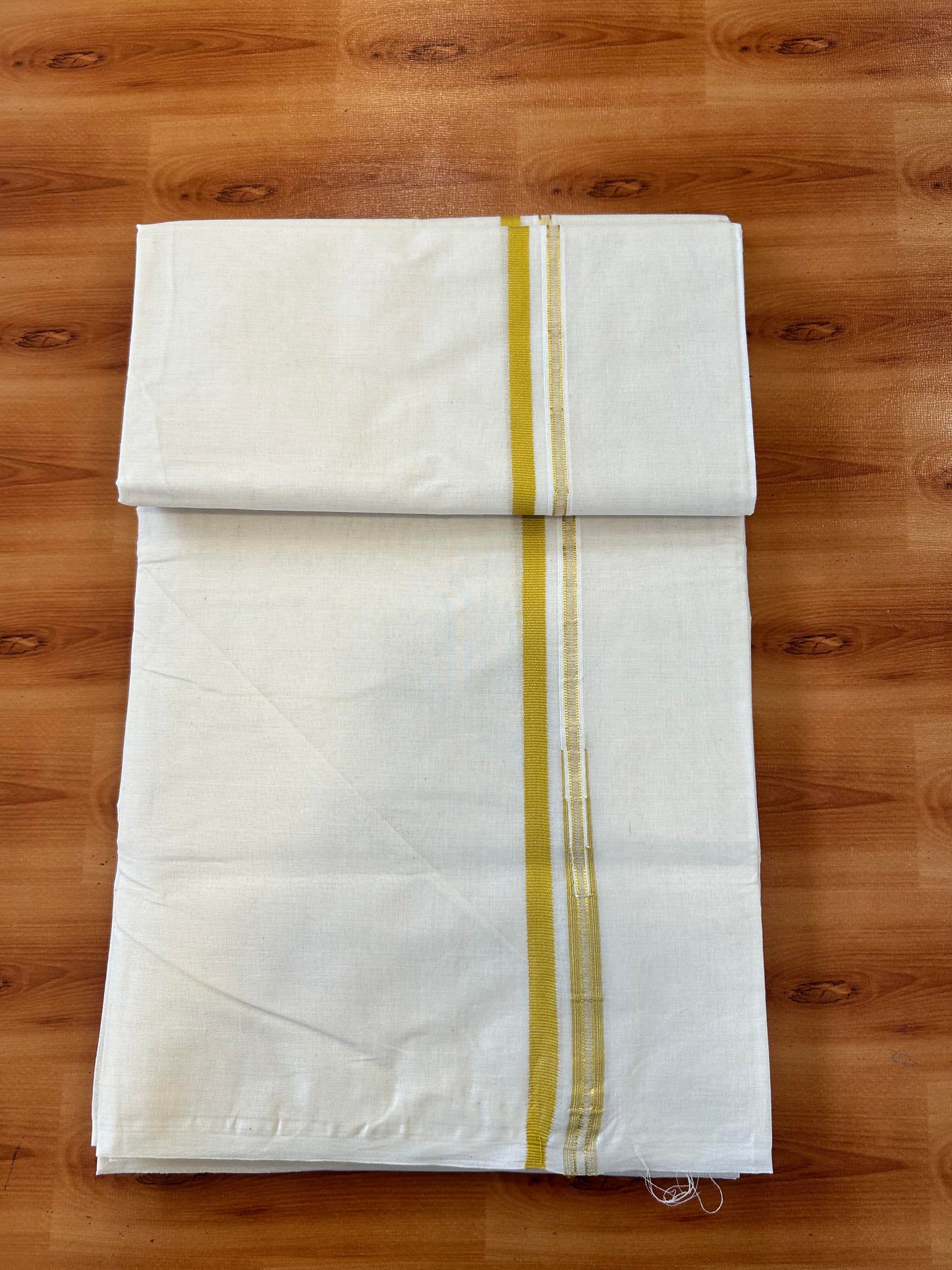 Double Off white Mundu/Dhoti - 20% Discount! KaithariKada 100% Cotton - 100x100 - 1 cm Puliyilakkara Gold Kasav & Mustard Yellow Chutty Kara 4 mtr (8.5 muzham) - 7 KK5450 ASH