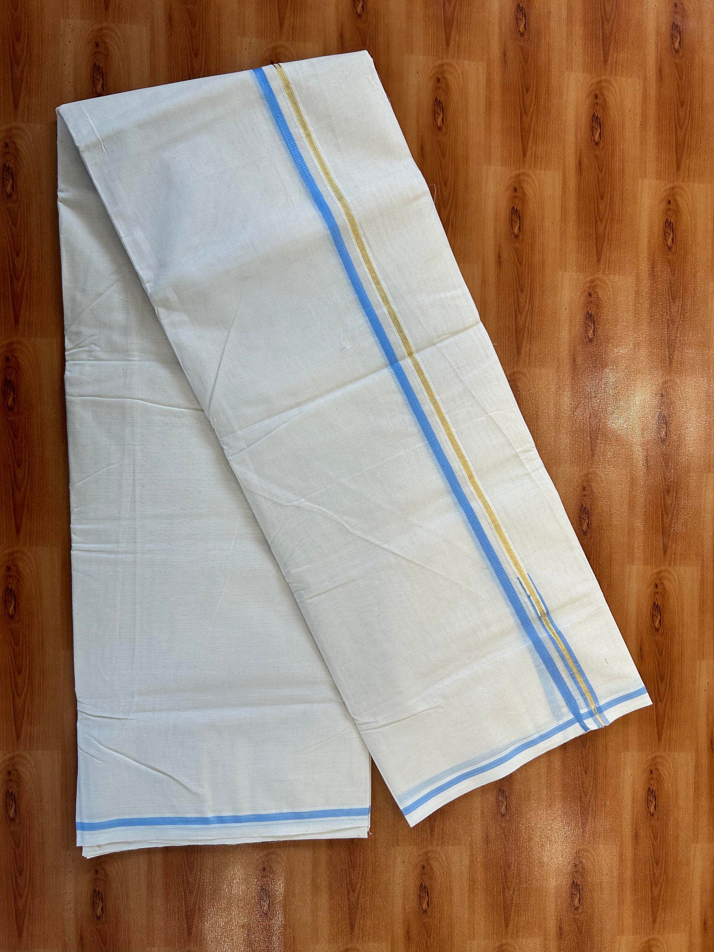 Double Off white Mundu/Dhoti - 20% Discount! KaithariKada 100% Cotton - 100x100 - 1 cm Puliyilakkara Gold Kasav & Light Blue Chutty Kara 4 mtr (8.5 muzham) - 3 KK5450 ASH