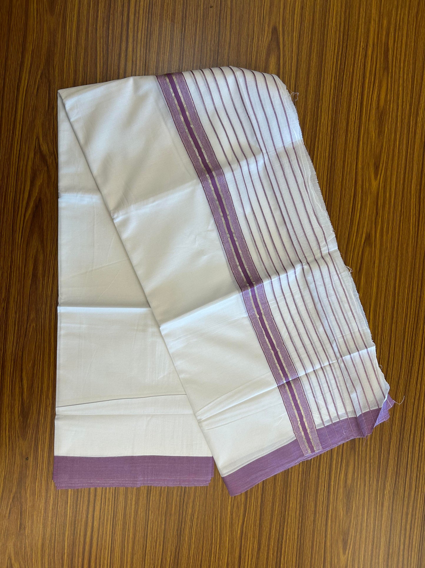 20% Discount ! KaithariKada Balaramapuram 100% Cotton Double Pure White Mundu/Dhoti - 100X80 - 7 inch Silver Kasav & Pearly Purple Stripes kara 3.90 mtr (8 muzham) - 2 KK5361 PMC
