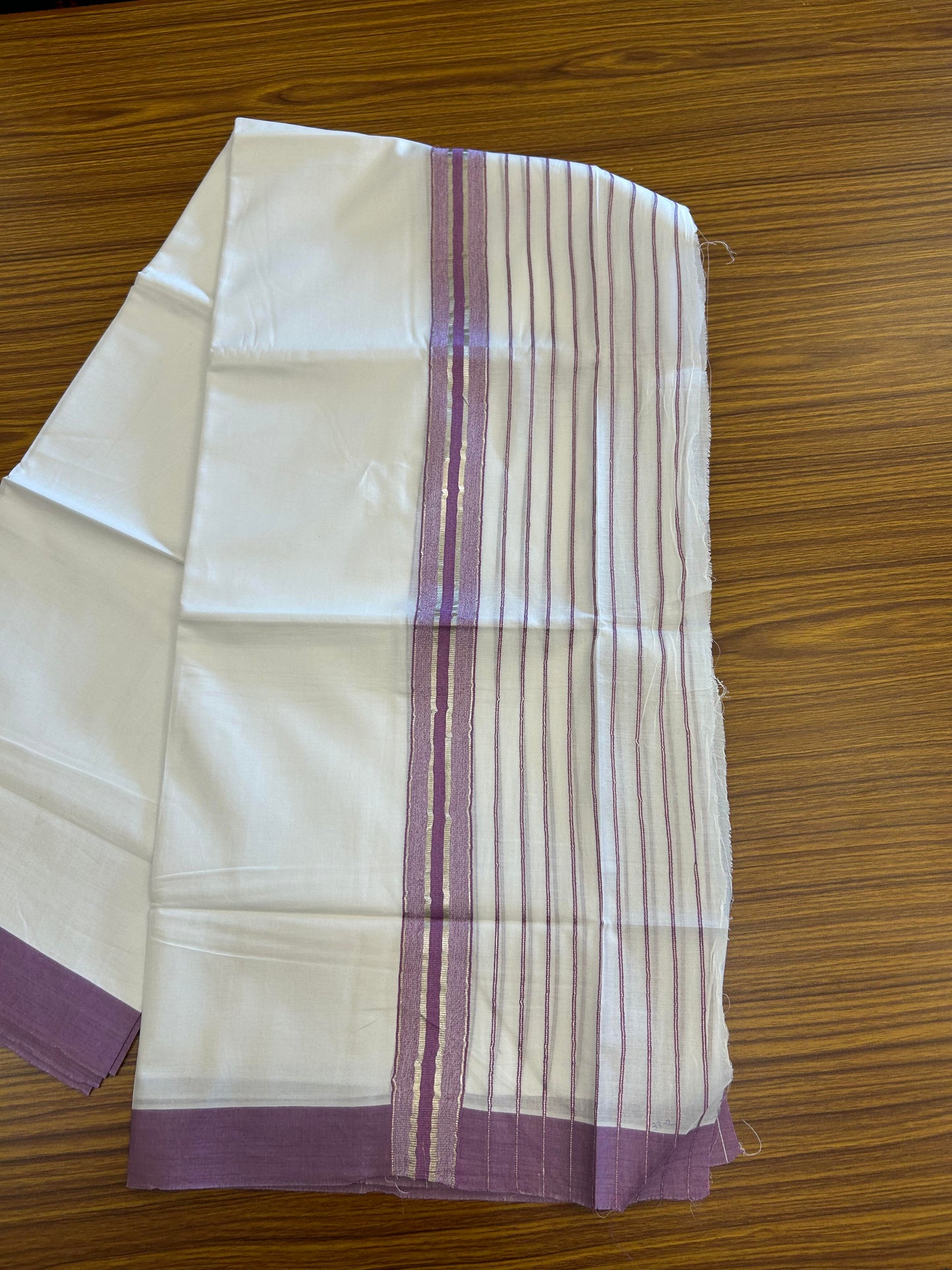 20% Discount ! KaithariKada Balaramapuram 100% Cotton Double Pure White Mundu/Dhoti - 100X80 - 7 inch Silver Kasav & Pearly Purple Stripes kara 3.90 mtr (8 muzham) - 2 KK5361 PMC