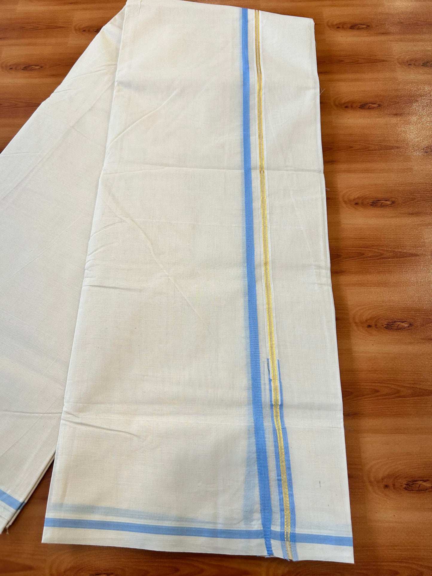 Double Off white Mundu/Dhoti - 20% Discount! KaithariKada 100% Cotton - 100x100 - 1 cm Puliyilakkara Gold Kasav & Light Blue Chutty Kara 4 mtr (8.5 muzham) - 3 KK5450 ASH