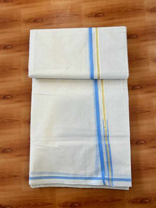 Double Off white Mundu/Dhoti - 20% Discount! KaithariKada 100% Cotton - 100x100 - 1 cm Puliyilakkara Gold Kasav & Light Blue Chutty Kara 4 mtr (8.5 muzham) - 3 KK5450 ASH