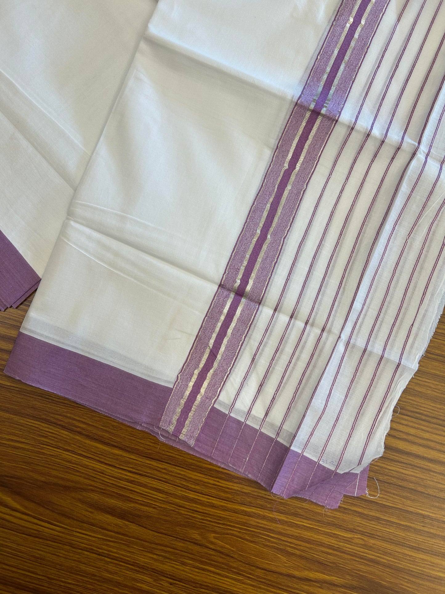 20% Discount ! KaithariKada Balaramapuram 100% Cotton Double Pure White Mundu/Dhoti - 100X80 - 7 inch Silver Kasav & Pearly Purple Stripes kara 3.90 mtr (8 muzham) - 2 KK5361 PMC