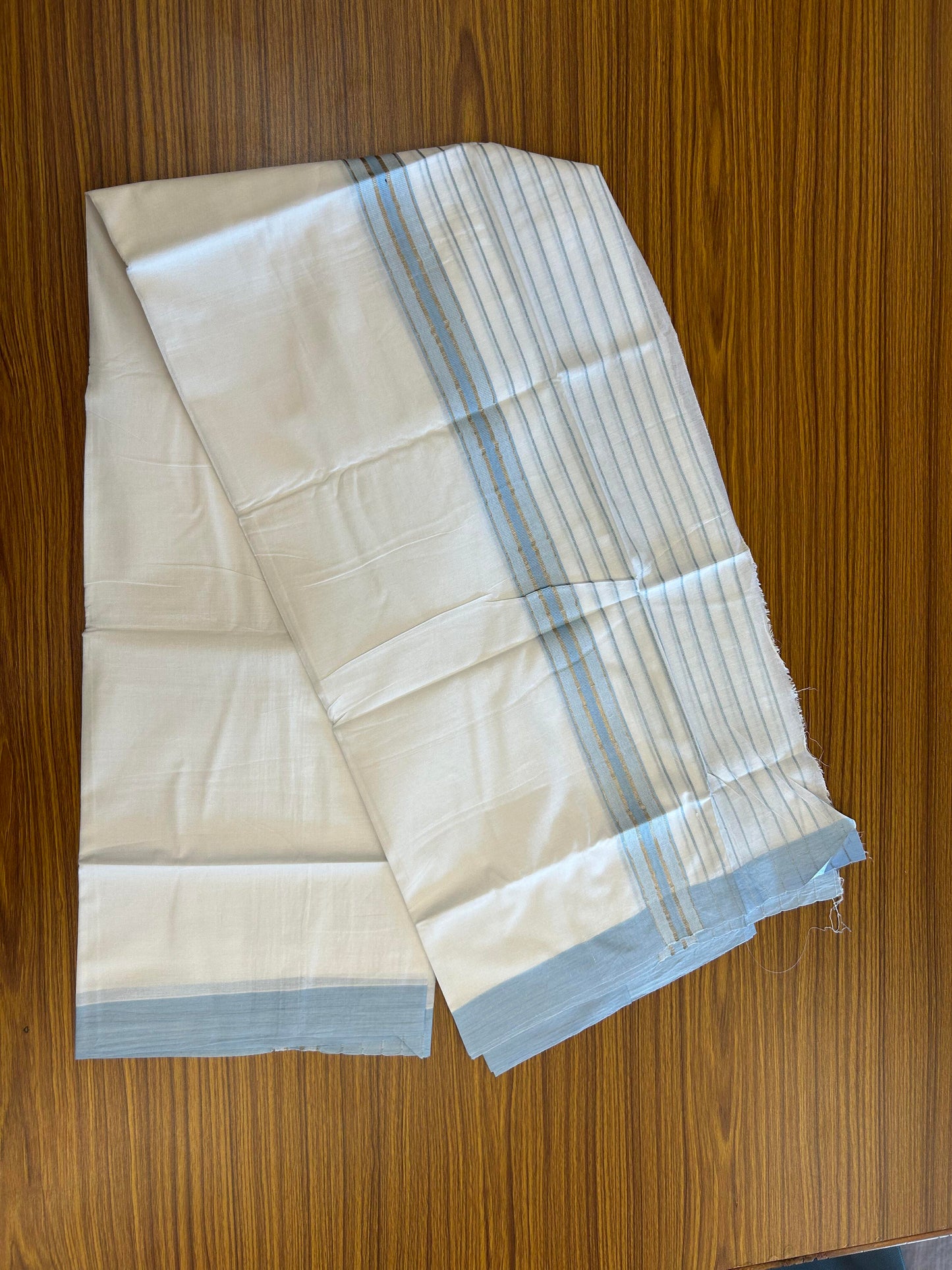 20% Discount ! KaithariKada Balaramapuram 100% Cotton Double Pure White Mundu/Dhoti - 100X80 - 7 inch Silver Kasav & Sky Blue Stripes kara 3.90 mtr (8 muzham) - 1 KK5361 PMC