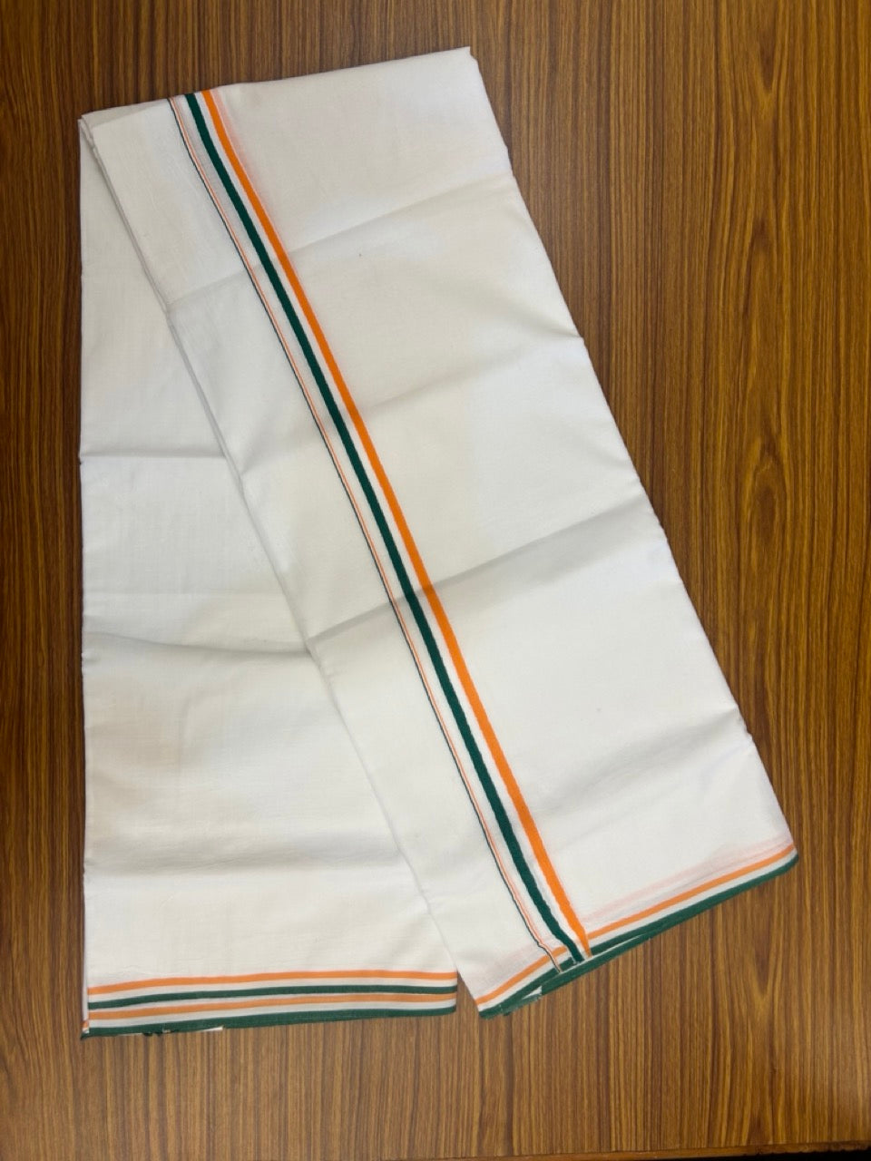 CONGRESS Veshti - 25% Discount!!! KaithariKada HANDLOOM Millpaav Balaramapuram - 100% PURE Cotton Pure White Double Mundu/Dhoti - (80X90) - 0.75 inch Orange White & Green Kara - 4 mtr (8.5 muzham) - 1 KK5278 KAS