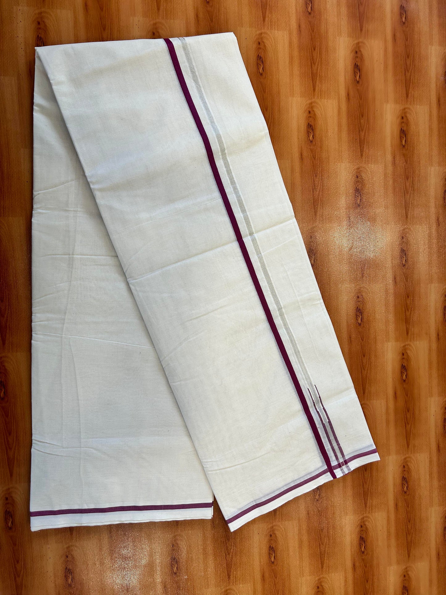 Double Off white Mundu/Dhoti - 20% Discount! KaithariKada 100% Cotton - 100x100 - 1 cm Puliyilakkara Silver Kasav & Magenta Chutty Kara 4 mtr (8.5 muzham) - 8 KK5450 ASH