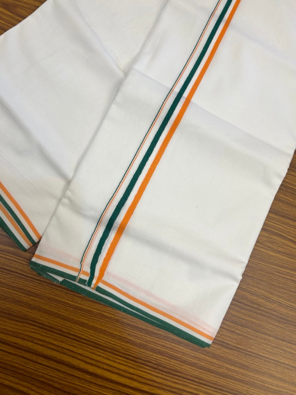 CONGRESS Veshti - 25% Discount!!! KaithariKada HANDLOOM Millpaav Balaramapuram - 100% PURE Cotton Pure White Double Mundu/Dhoti - (80X90) - 0.75 inch Orange White & Green Kara - 4 mtr (8.5 muzham) - 1 KK5278 KAS