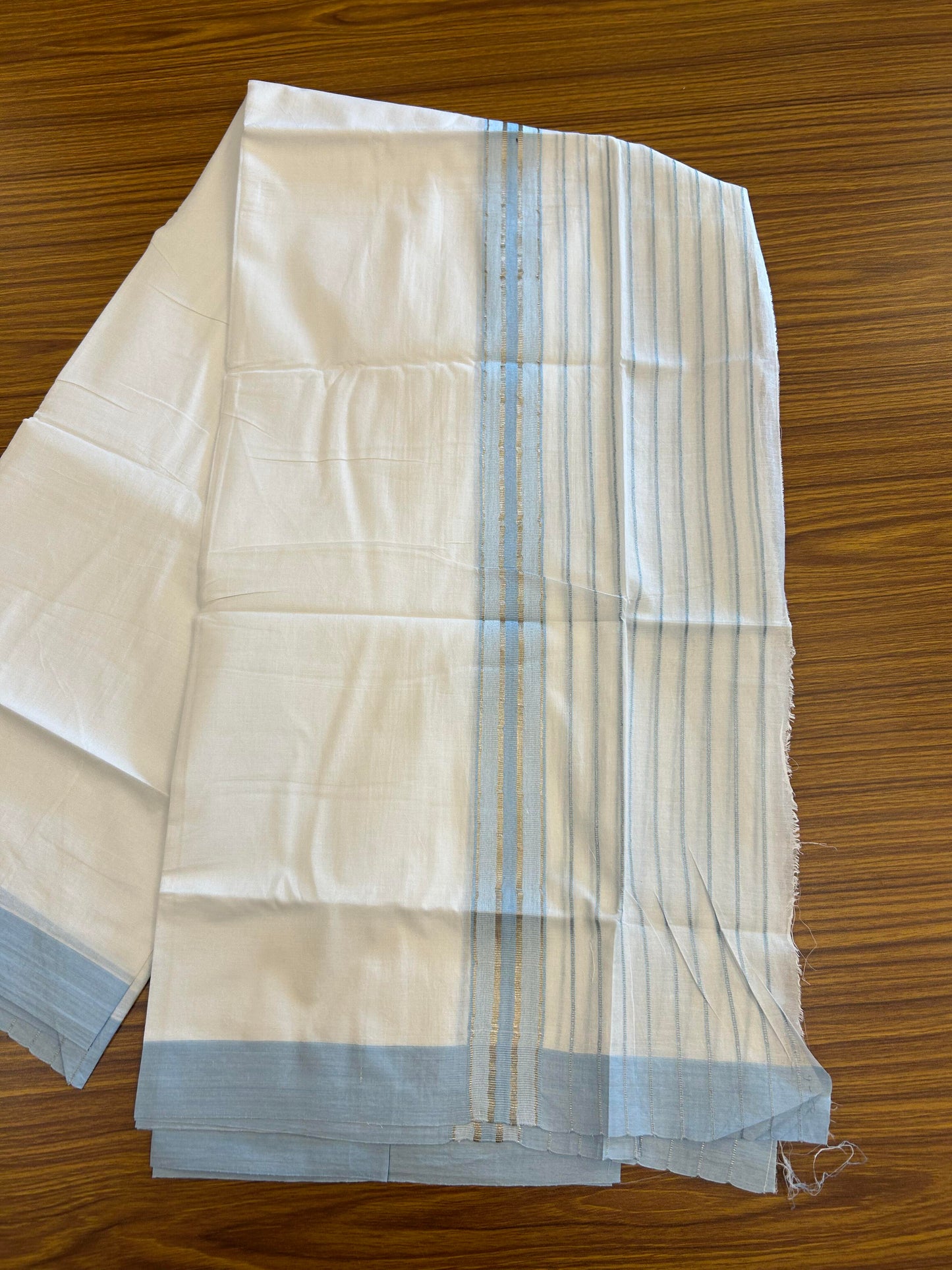 20% Discount ! KaithariKada Balaramapuram 100% Cotton Double Pure White Mundu/Dhoti - 100X80 - 7 inch Silver Kasav & Sky Blue Stripes kara 3.90 mtr (8 muzham) - 1 KK5361 PMC