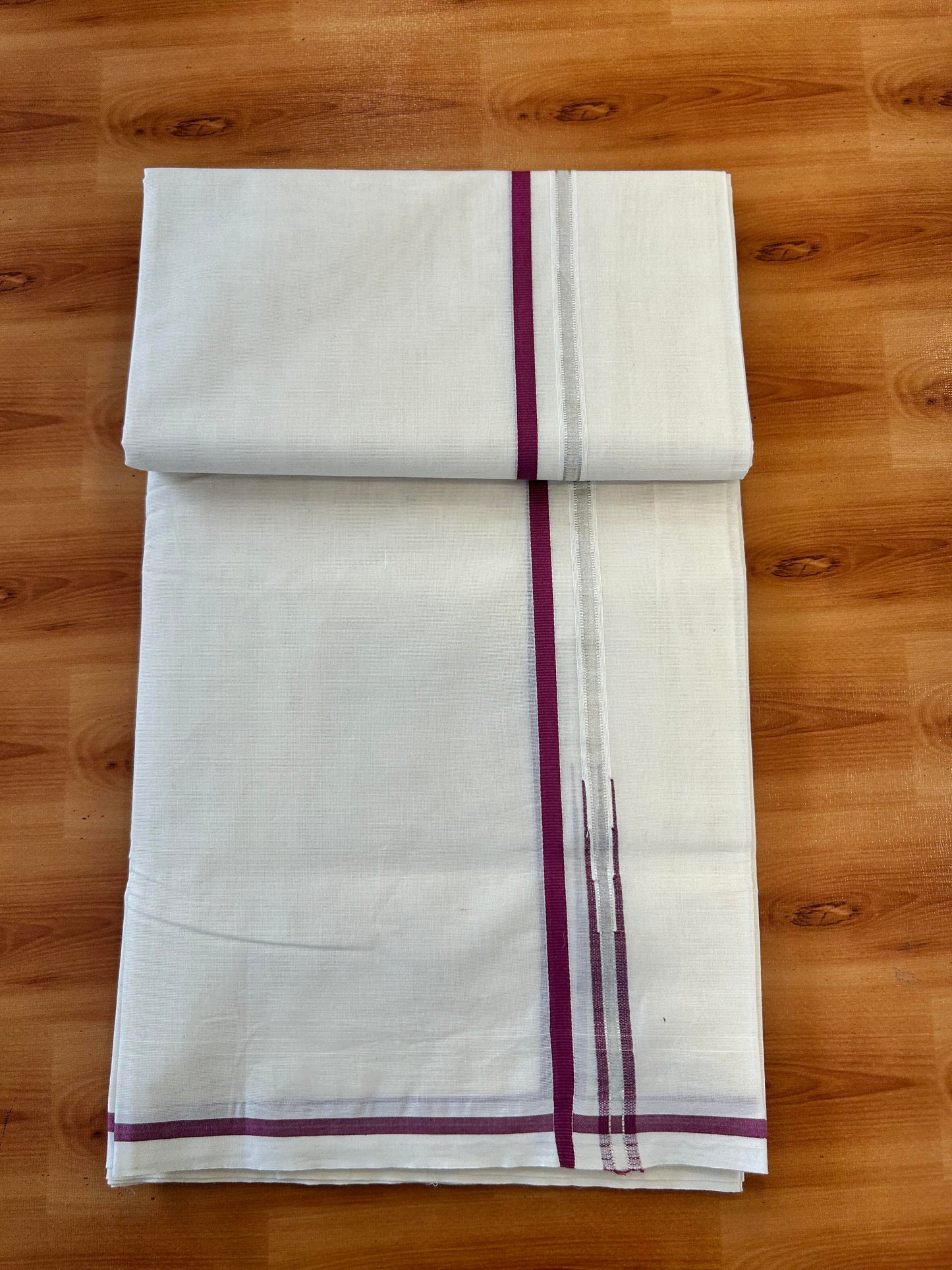 Double Off white Mundu/Dhoti - 20% Discount! KaithariKada 100% Cotton - 100x100 - 1 cm Puliyilakkara Silver Kasav & Magenta Chutty Kara 4 mtr (8.5 muzham) - 8 KK5450 ASH