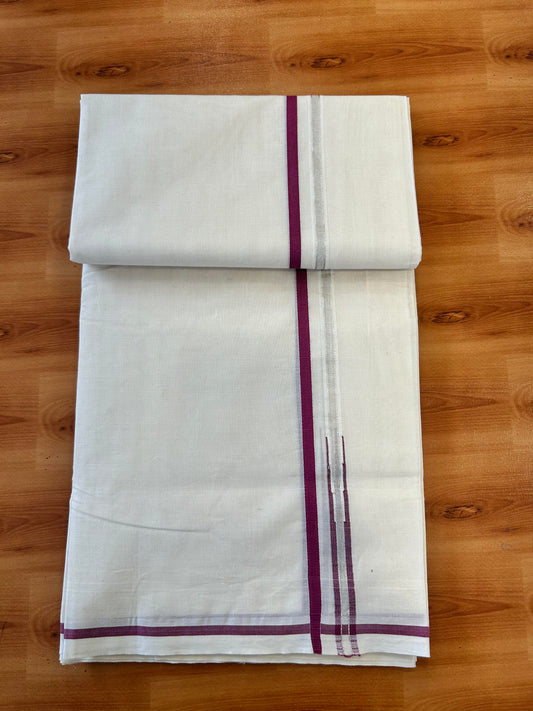 Double Off white Mundu/Dhoti - 20% Discount! KaithariKada 100% Cotton - 100x100 - 1 cm Puliyilakkara Silver Kasav & Magenta Chutty Kara 4 mtr (8.5 muzham) - 8 KK5450 ASH
