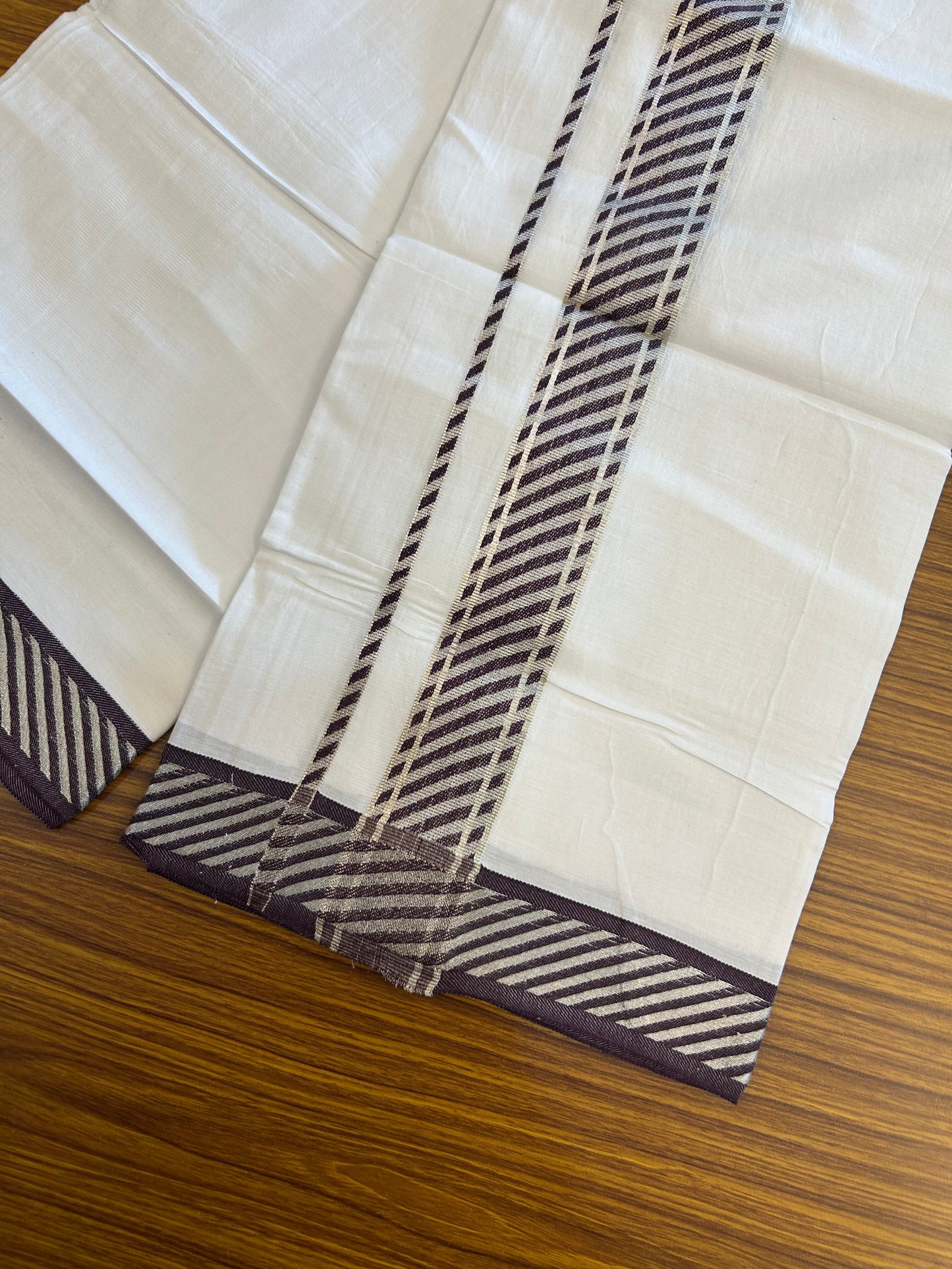 20% Discount ! KaithariKada Balaramapuram 100% Pure Cotton Single Pure White Mundu/Dhoti - 100x80 - 1.75 inch Silver Kasav & Wine Purple Jacquard Design kara 1.90 mtr (4 Muzham) - 1 KK5365 CJT