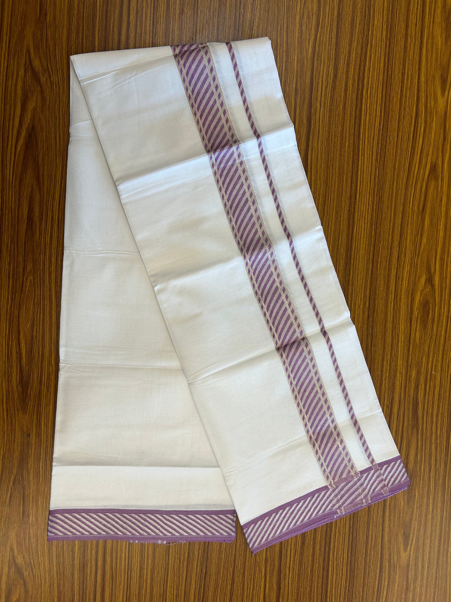 20% Discount ! KaithariKada Balaramapuram 100% Pure Cotton Single Pure White Mundu/Dhoti - 100x80 - 1.75 inch Silver Kasav & Rose Pink Jacquard Design kara 1.90 mtr (4 Muzham) - 2 KK5365 CJT