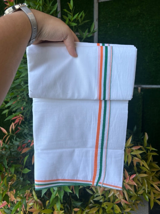 CONGRESS Veshti - 25% Discount!!! KaithariKada HANDLOOM Millpaav Balaramapuram - 100% PURE Cotton Pure White Double Mundu/Dhoti - (80X90) - 0.75 inch Orange White & Green Kara - 4 mtr (8.5 muzham) - 1 KK5278 KAS