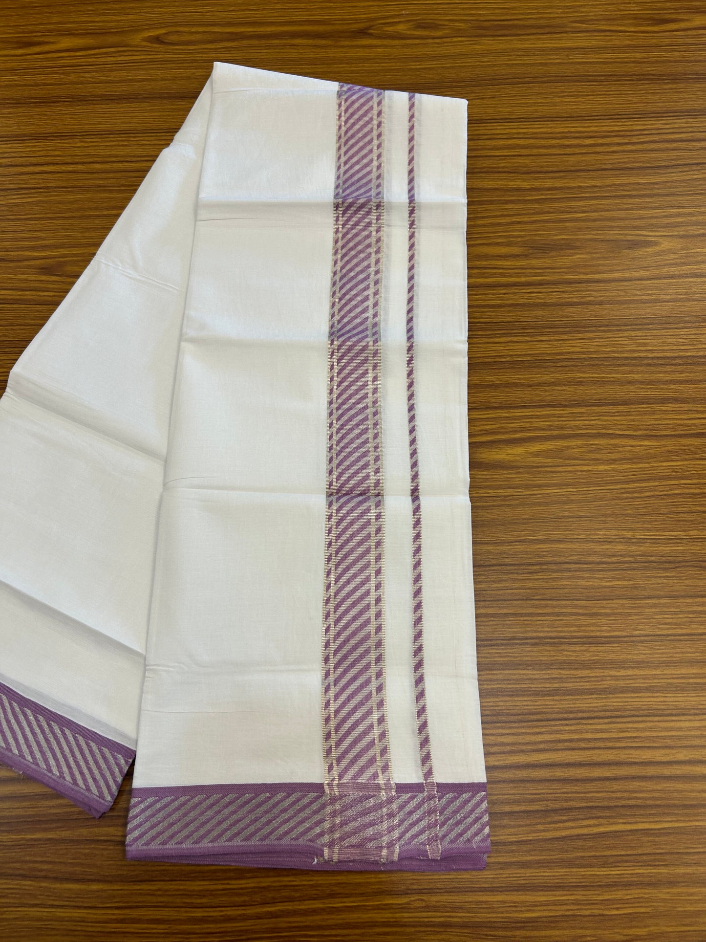 20% Discount ! KaithariKada Balaramapuram 100% Pure Cotton Single Pure White Mundu/Dhoti - 100x80 - 1.75 inch Silver Kasav & Rose Pink Jacquard Design kara 1.90 mtr (4 Muzham) - 2 KK5365 CJT