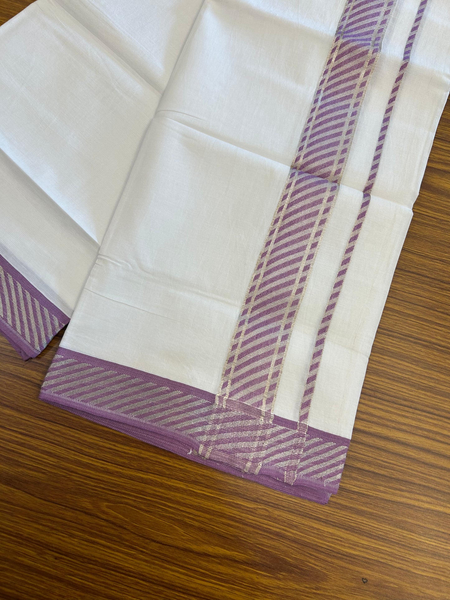 20% Discount ! KaithariKada Balaramapuram 100% Pure Cotton Single Pure White Mundu/Dhoti - 100x80 - 1.75 inch Silver Kasav & Rose Pink Jacquard Design kara 1.90 mtr (4 Muzham) - 2 KK5365 CJT